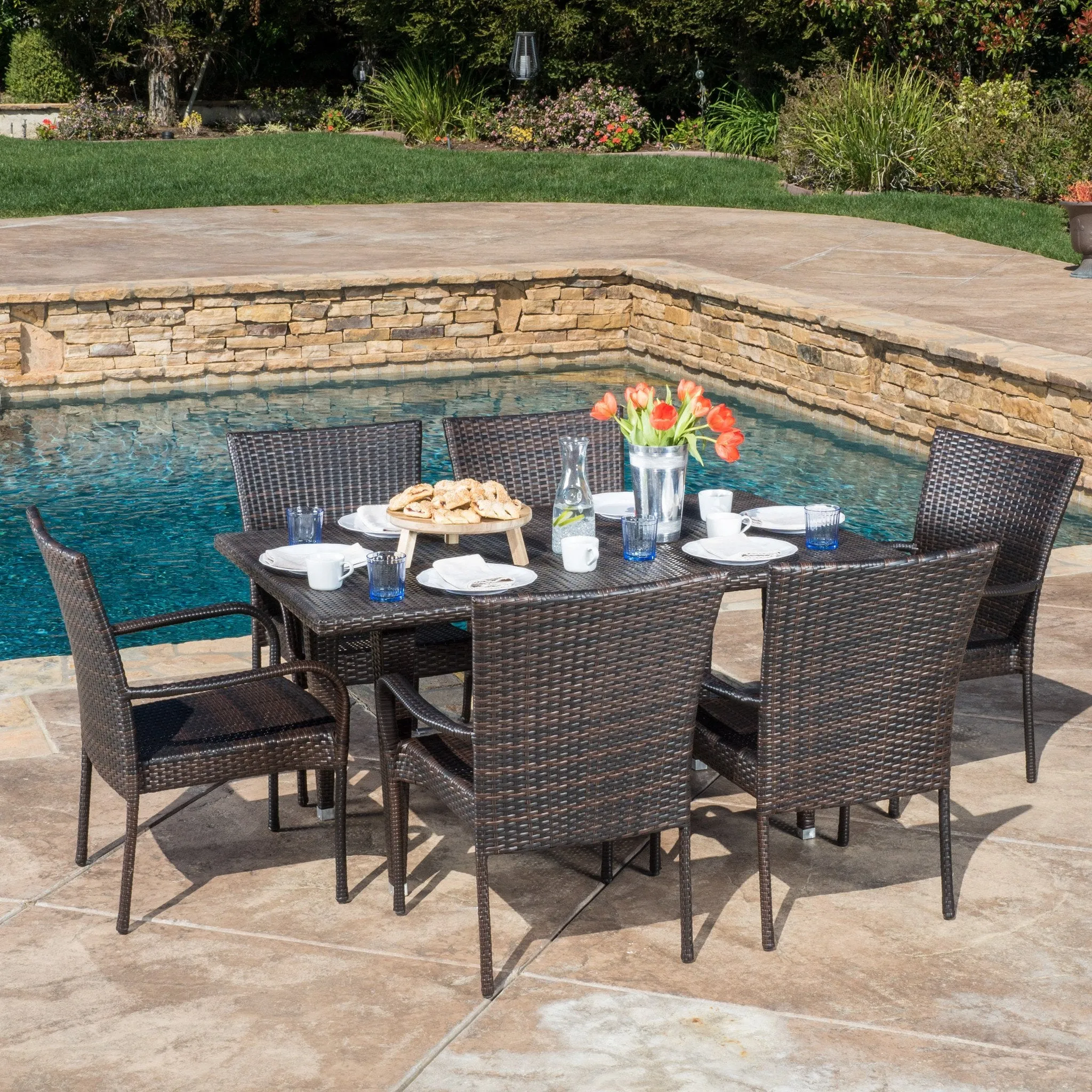 Outdoor 7-Piece Multi-Brown Wicker Dining Set with Stackable Chairs - NH386692 patio chairs, outdoor seating