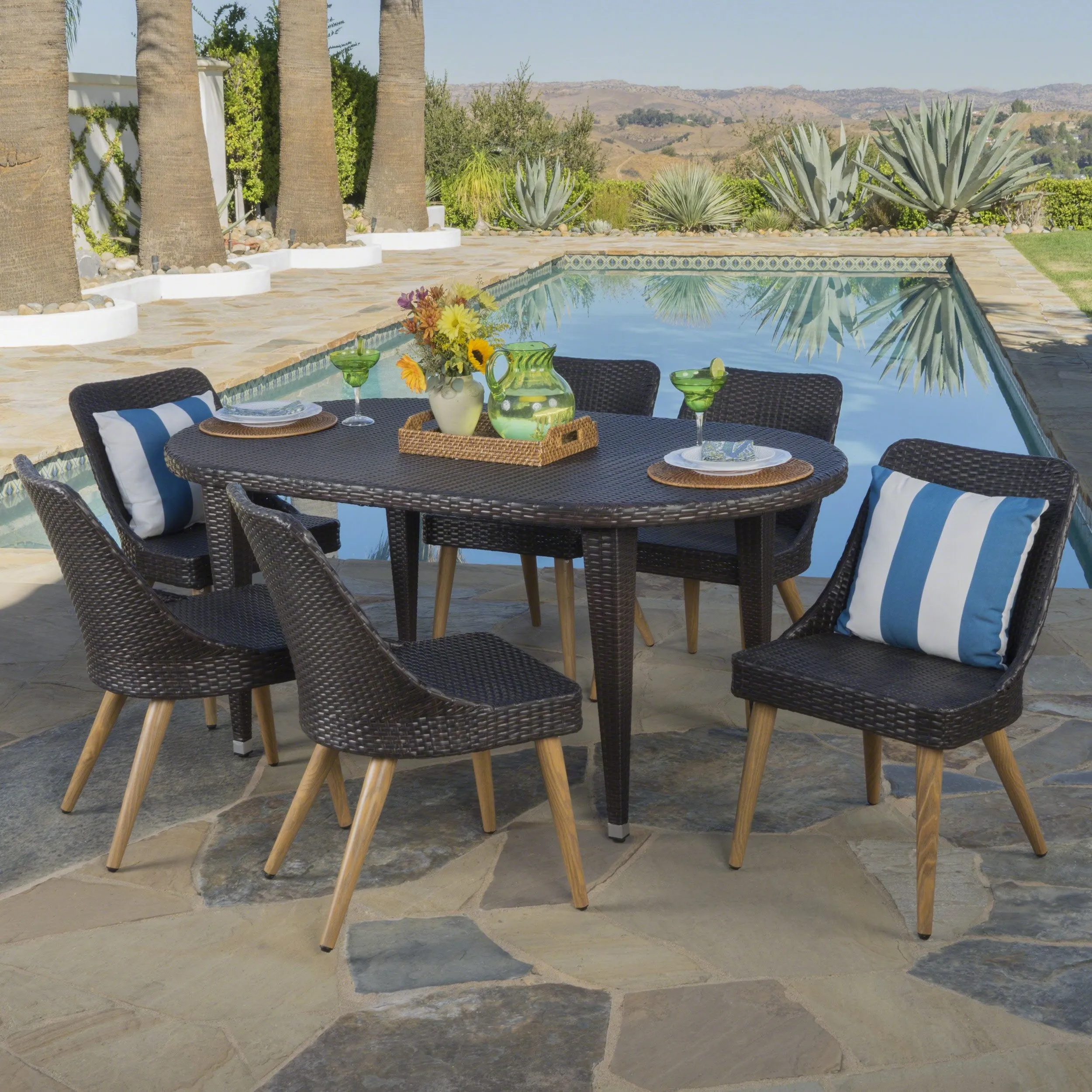Outdoor 7 Piece Multi-brown Wicker Dining Set with Wood Finished Legs - NH446203 patio chairs, outdoor seating