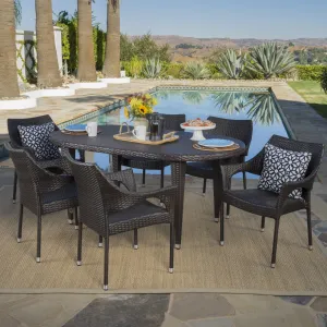 Outdoor 7 Piece Multi-brown Wicker Oval Dining Set with Stacking Chairs - NH056203 patio chairs, outdoor seating