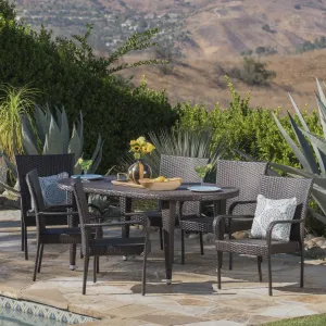 Outdoor 7 Piece Multi-brown Wicker Oval Dining Set with Stacking Chairs - NH536203 patio chairs, outdoor seating