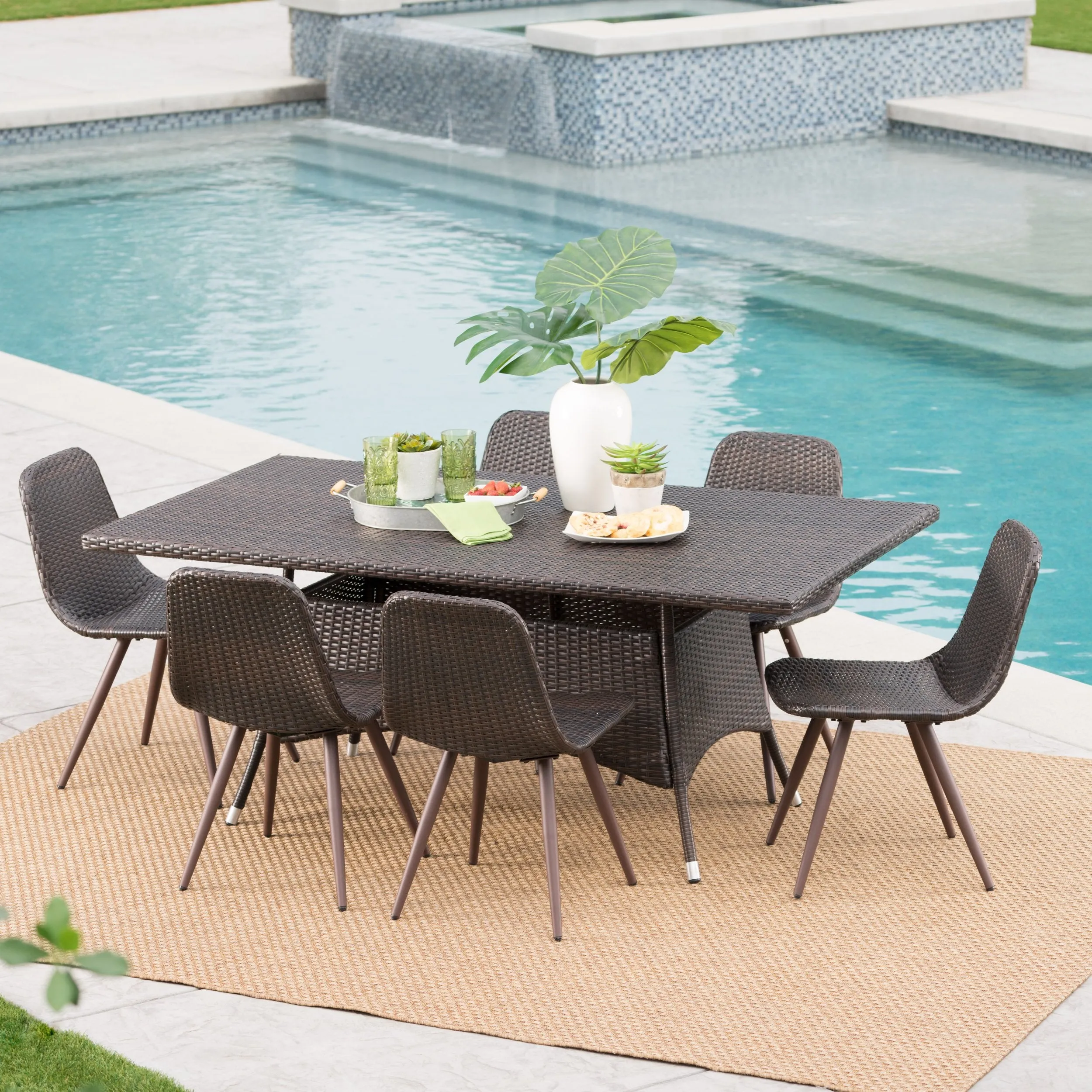 Outdoor 7 Piece Multi-brown Wicker Rectangular Dining Set - NH769103 patio chairs, outdoor seating