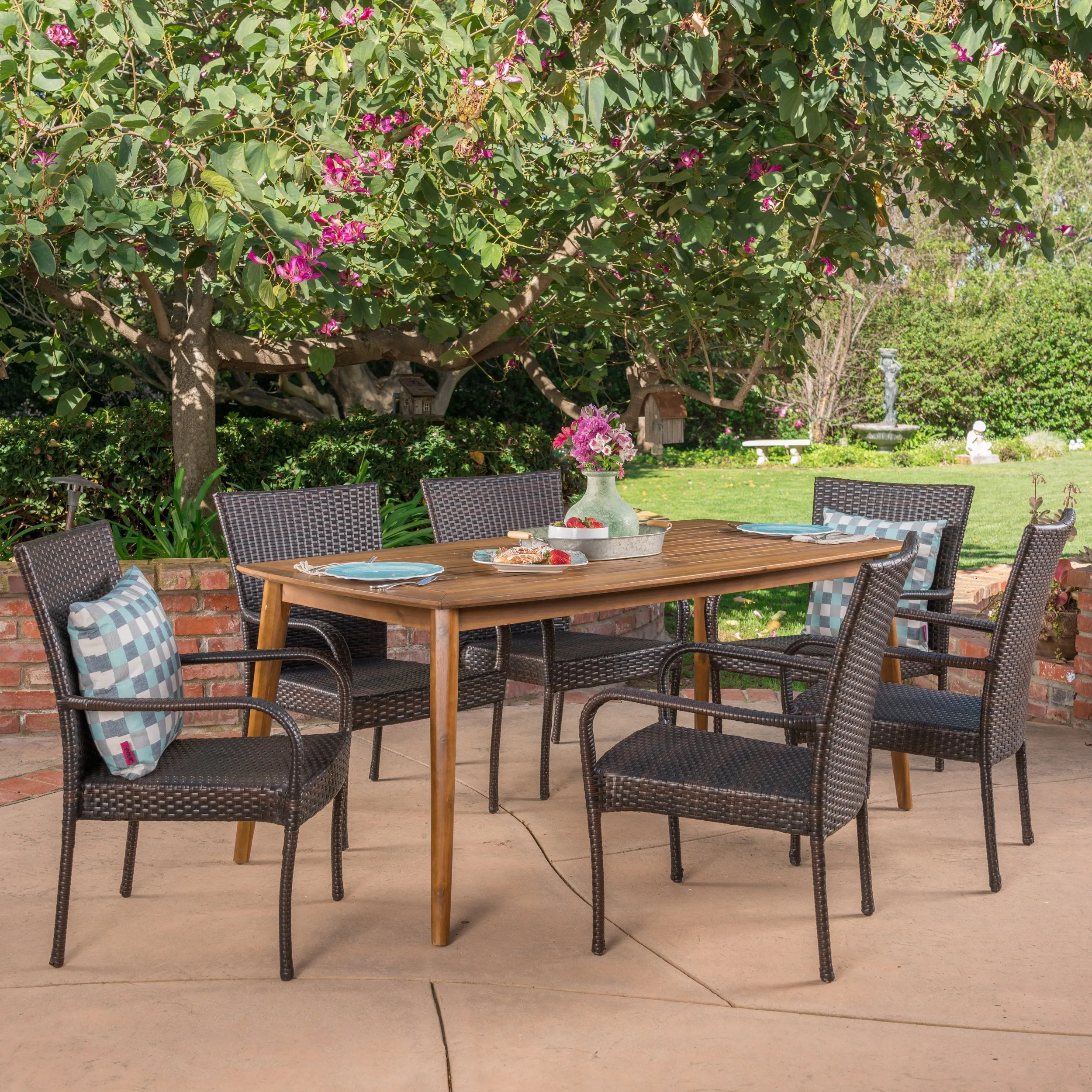 Outdoor 7 Piece Multibrown Wicker Dining Set with Teak Finish Rectangular Acacia Wood Dining Table - NH391403 patio chairs, outdoor seating