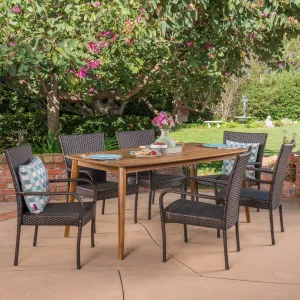 Outdoor 7 Piece Multibrown Wicker Dining Set with Teak Finish Rectangular Acacia Wood Dining Table - NH391403 patio chairs, outdoor seating