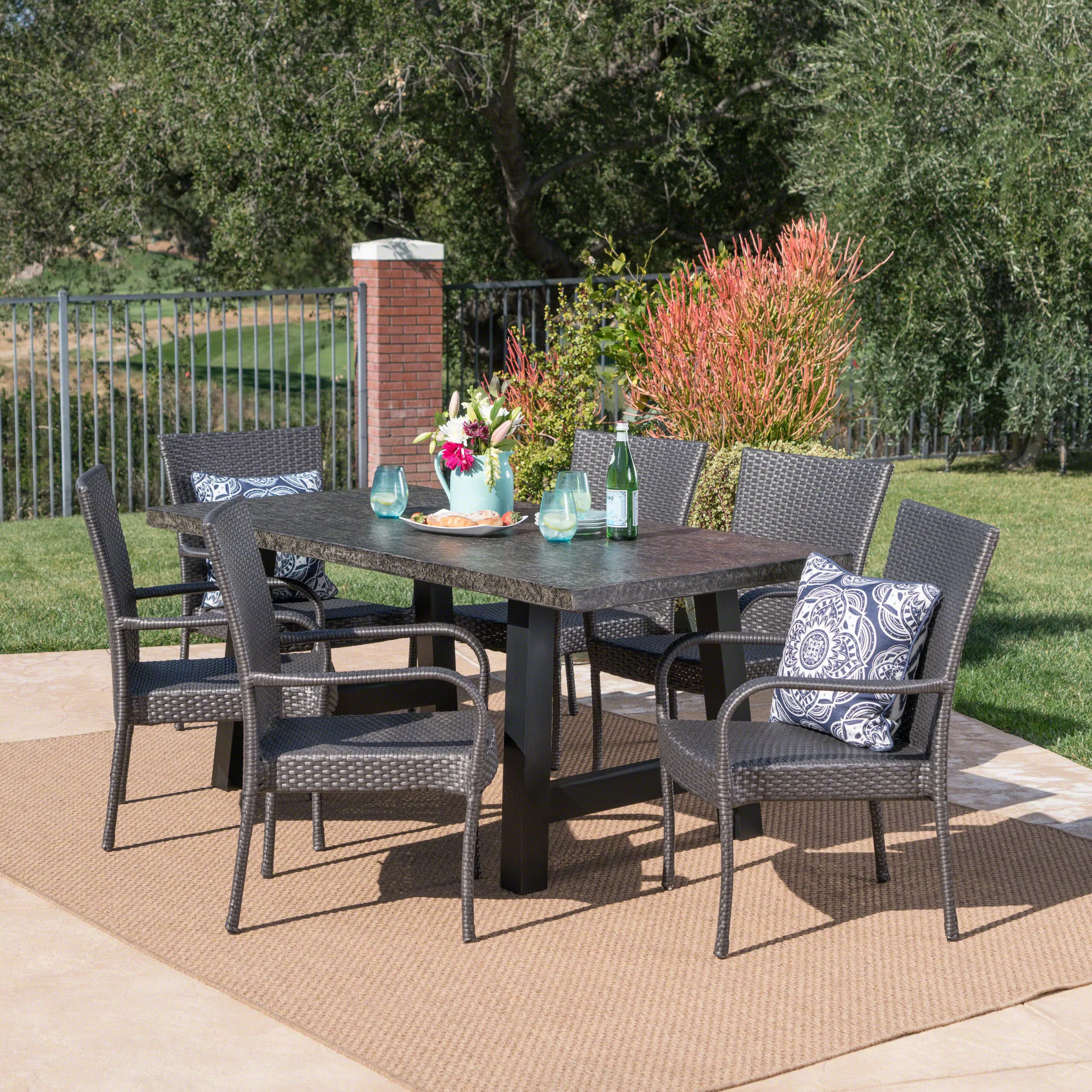 Outdoor 7 Piece Stacking Gray Wicker and Concrete Dining Set - NH339303 patio chairs, outdoor seating
