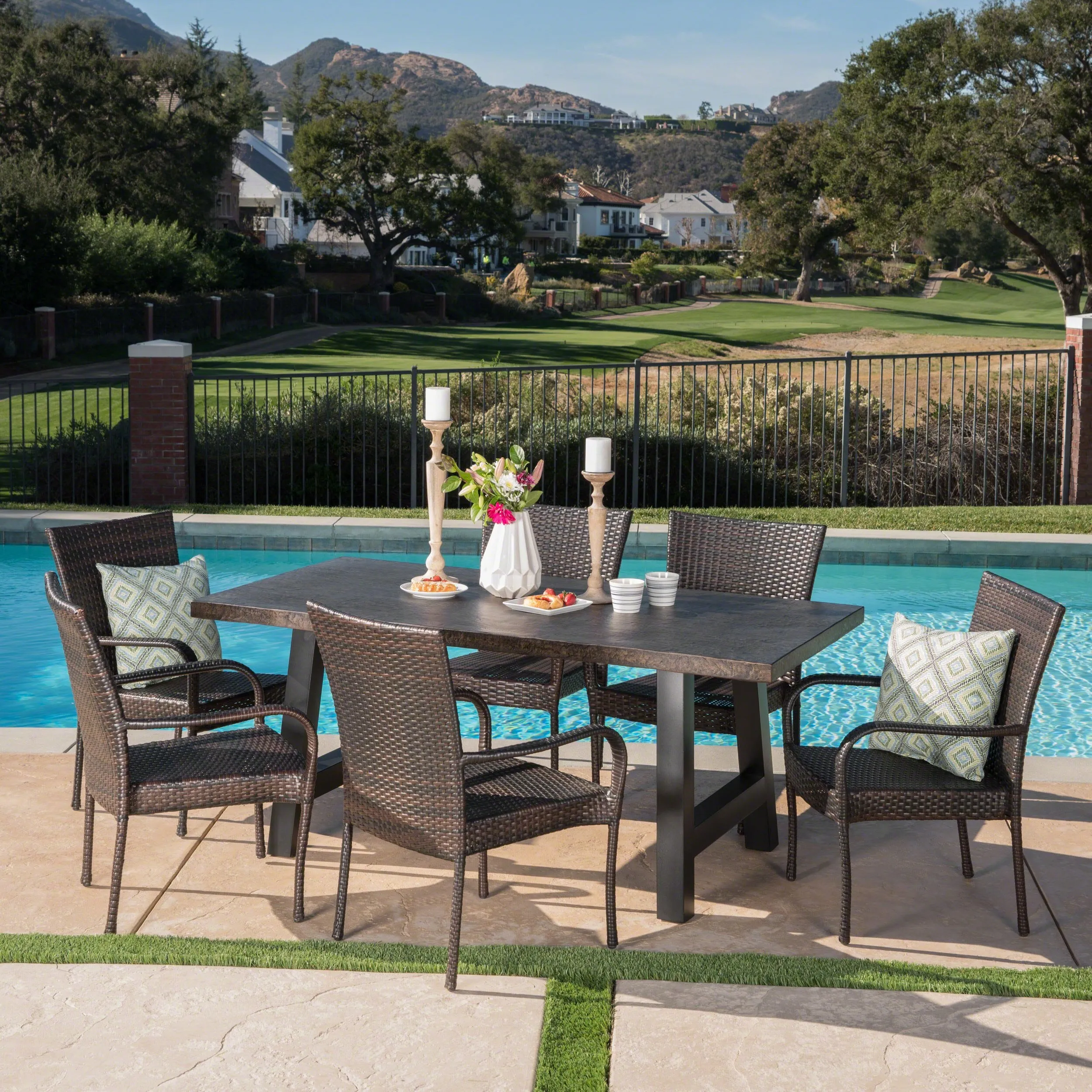 Outdoor 7 Piece Stacking Multi-brown Wicker and Concrete Dining Set - NH039303 patio chairs, outdoor seating