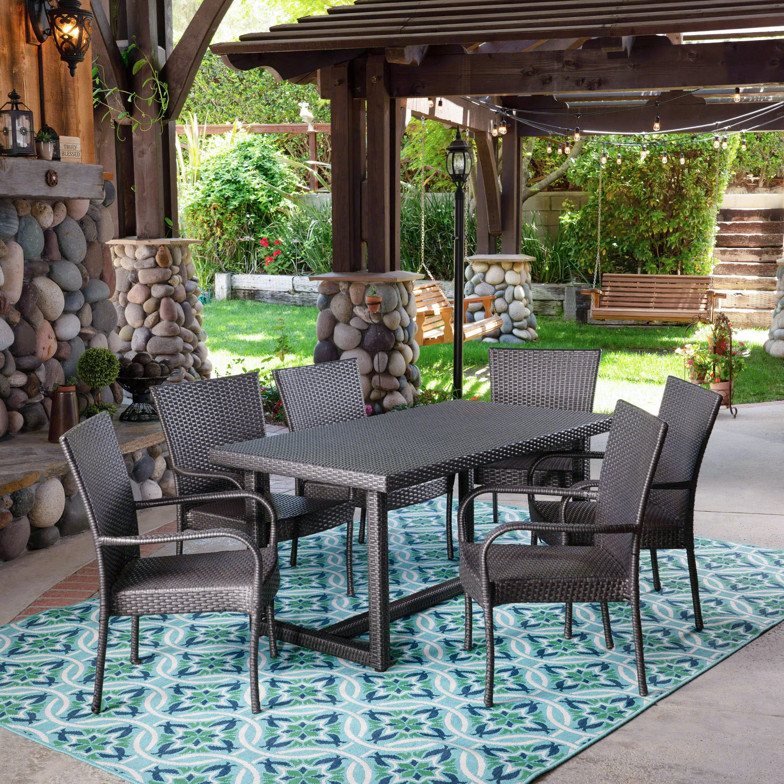 Outdoor 7 Piece Wicker Dining Set, Grey - NH927403 patio chairs, outdoor seating