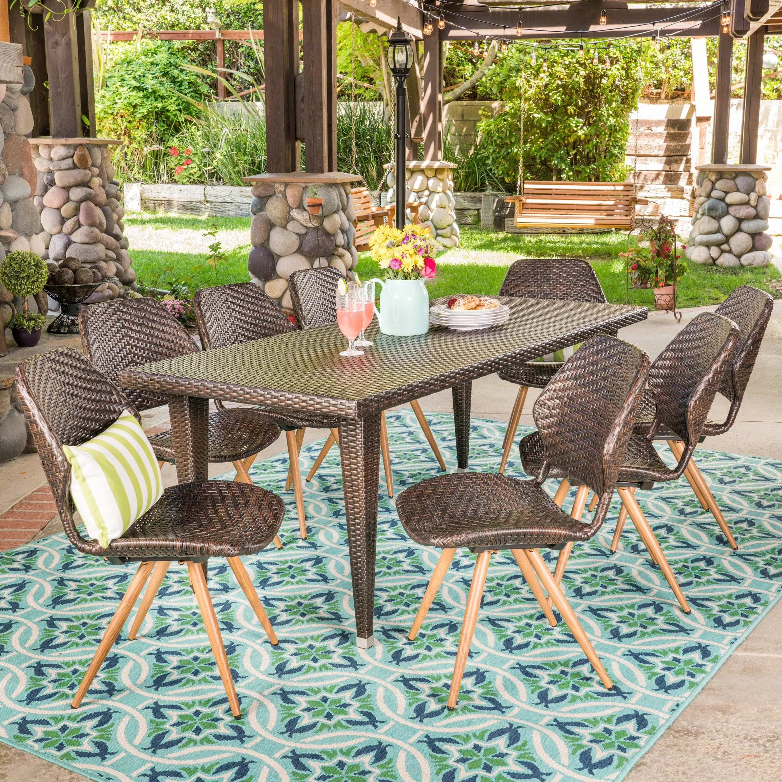 Outdoor 7 Piece Wicker Dining Set, Multibrown - NH147403 patio chairs, outdoor seating
