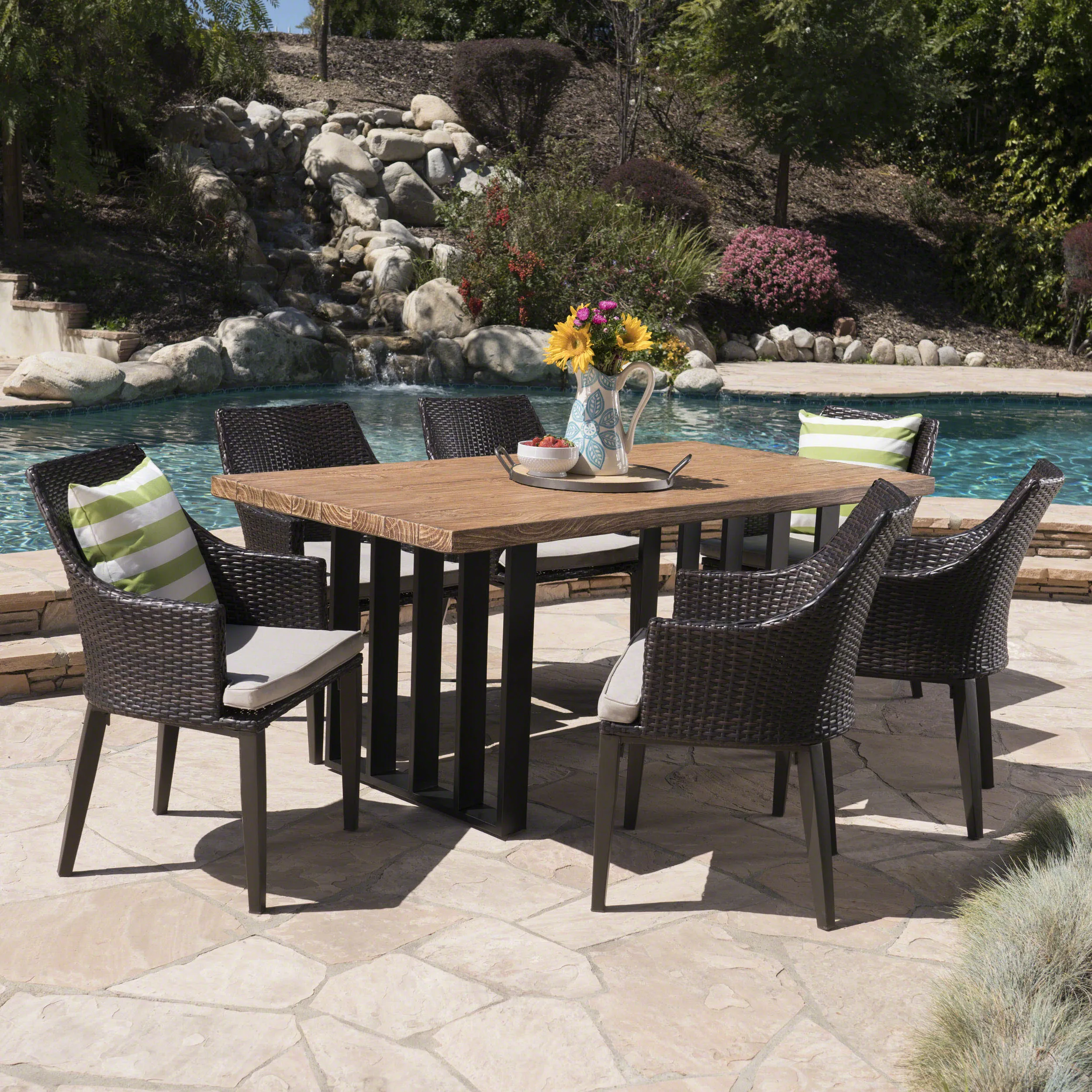 Outdoor 7 Piece Wicker Dining Set with Concrete Dining Table - NH380403 patio chairs, outdoor seating