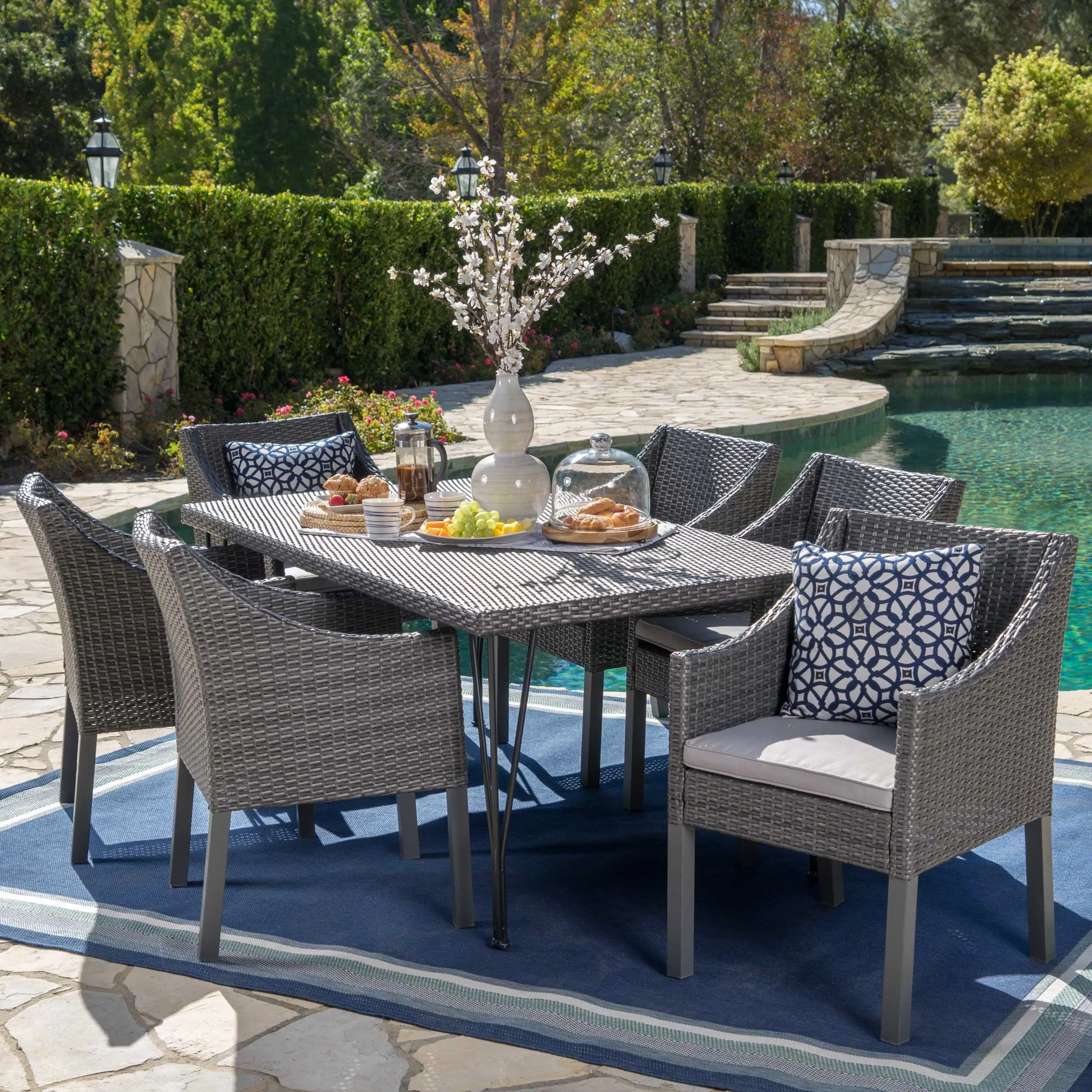 Outdoor 7 Piece Wicker Dining Set with Water Resistant Cushions - NH581203 patio chairs, outdoor seating