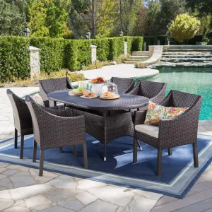 Outdoor 7 Piece Wicker Oval Dining Set with Water Resistant Cushions - NH923203 patio chairs, outdoor seating