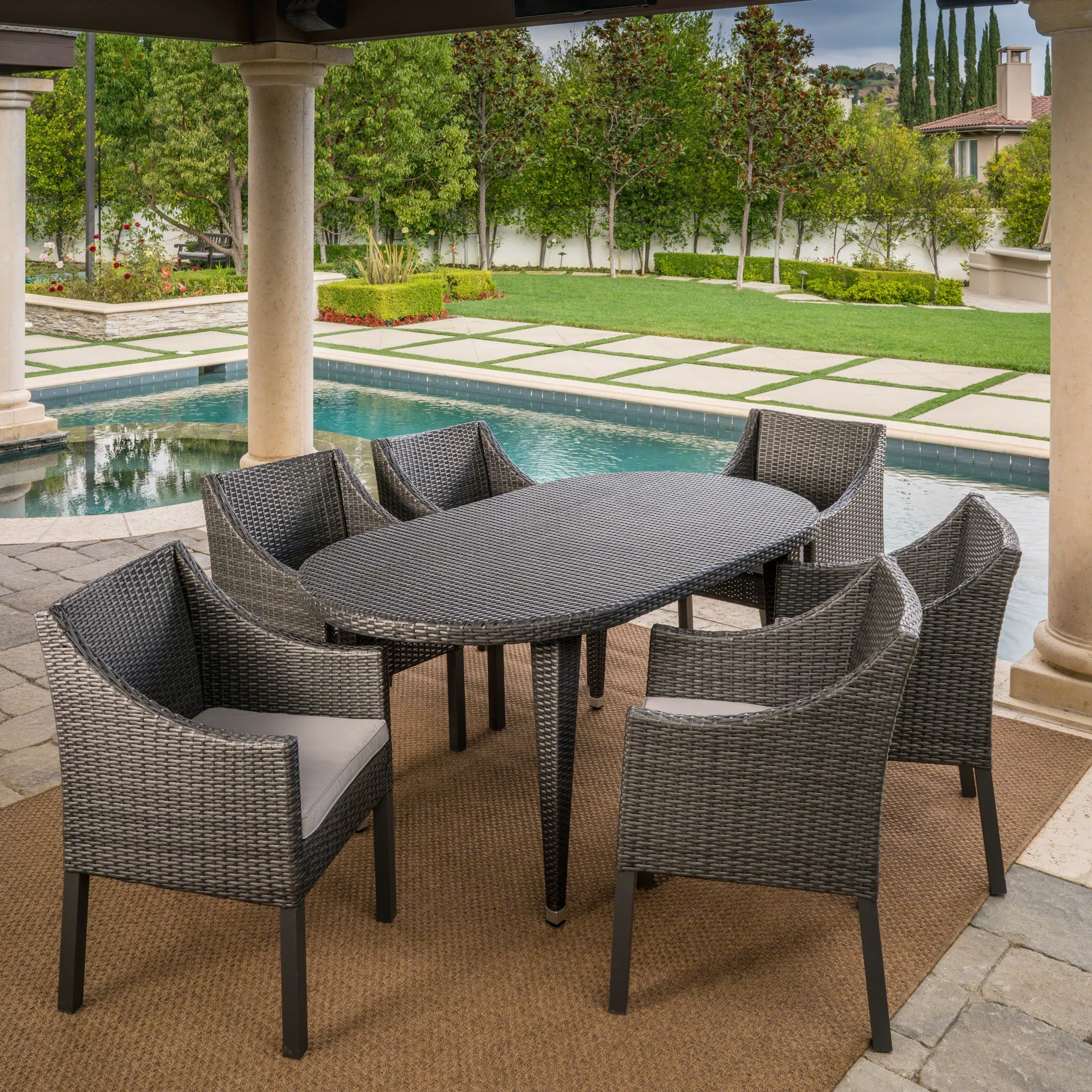 Outdoor 7 Piece Wicker Oval Dining Set with Water Resistant Cushions - NH936203 patio chairs, outdoor seating