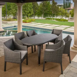 Outdoor 7 Piece Wicker Oval Dining Set with Water Resistant Cushions - NH936203 patio chairs, outdoor seating
