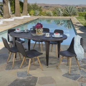 Outdoor 7 Piece Wicker Oval Dining Set with Wood Finished Legs - NH646203 patio chairs, outdoor seating