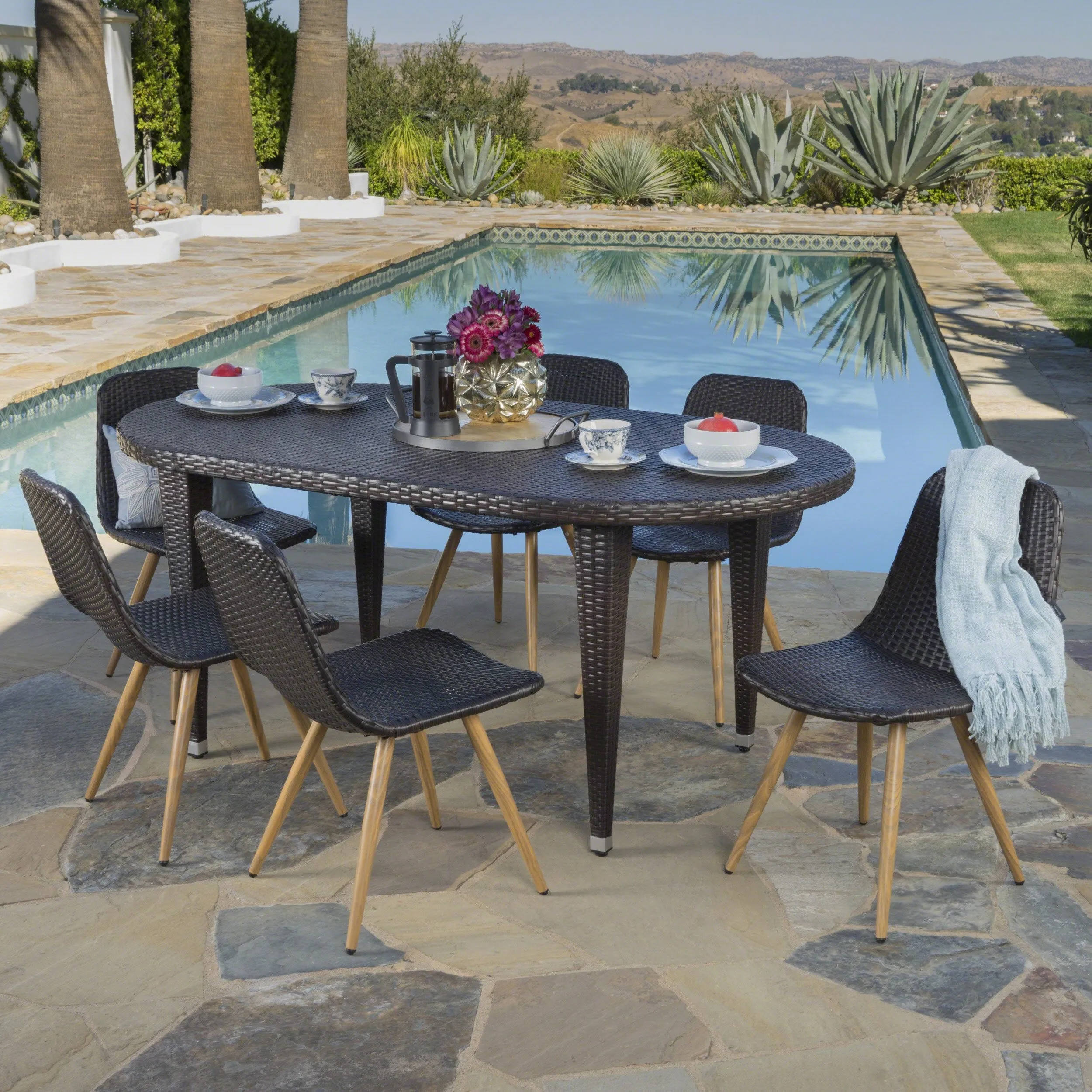 Outdoor 7 Piece Wicker Oval Dining Set with Wood Finished Legs - NH646203 patio chairs, outdoor seating