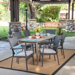 Outdoor 7 Piece Wood and Wicker Dining Set, Gray and Gray - NH171503 patio chairs, outdoor seating