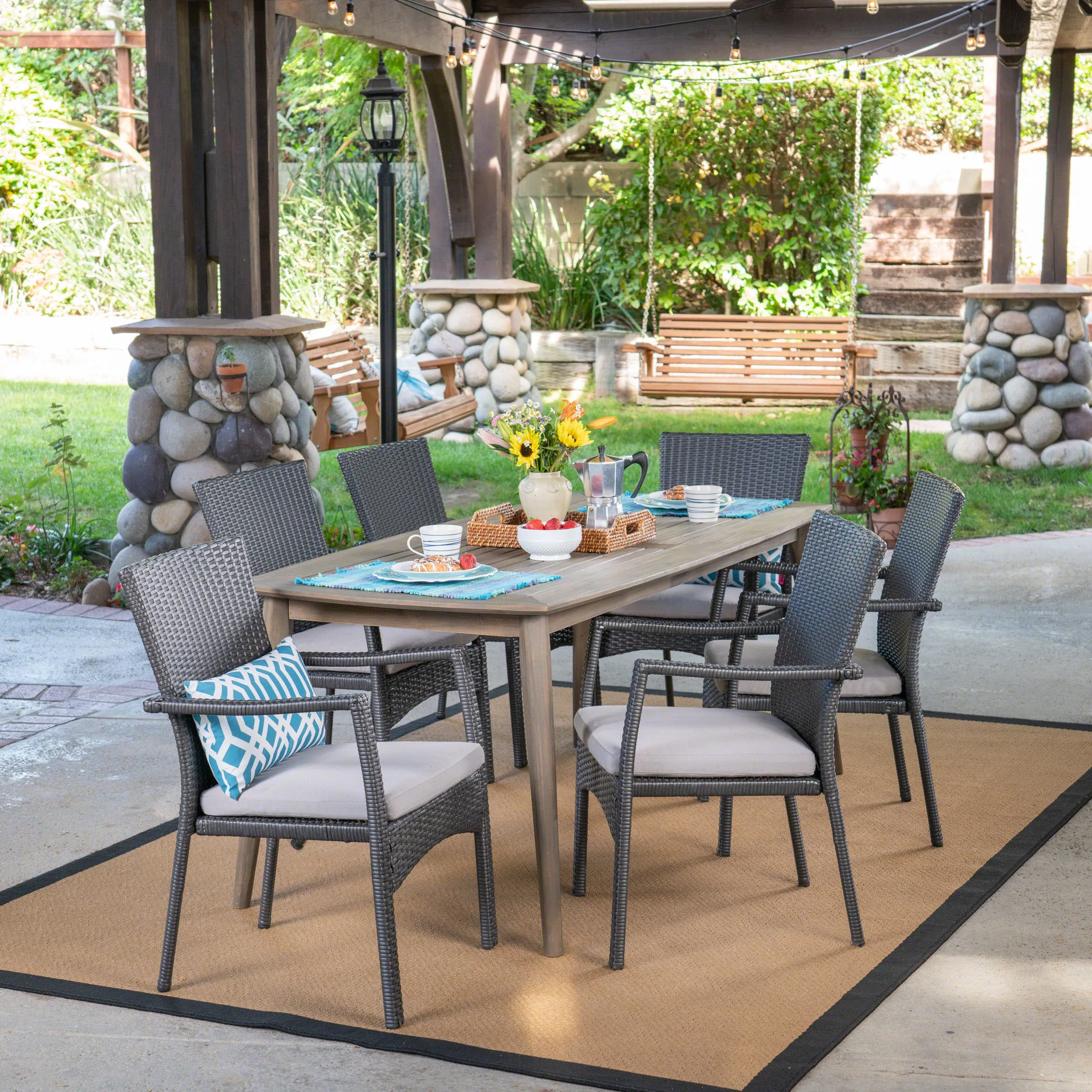 Outdoor 7 Piece Wood and Wicker Dining Set, Gray and Gray - NH171503 patio chairs, outdoor seating