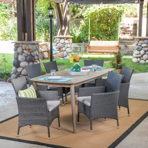 Outdoor 7 Piece Wood and Wicker Dining Set, Gray and Gray - NH571503 patio chairs, outdoor seating