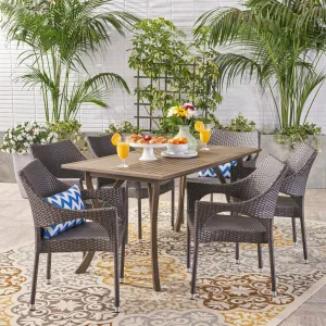 Outdoor 7 Piece Wood and Wicker Dining Set, Gray and Gray - NH821503 patio chairs, outdoor seating