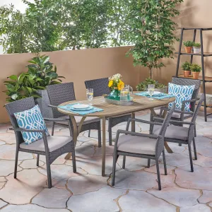 Outdoor 7 Piece Wood and Wicker Dining Set, Gray Finish and Gray - NH172503 patio chairs, outdoor seating