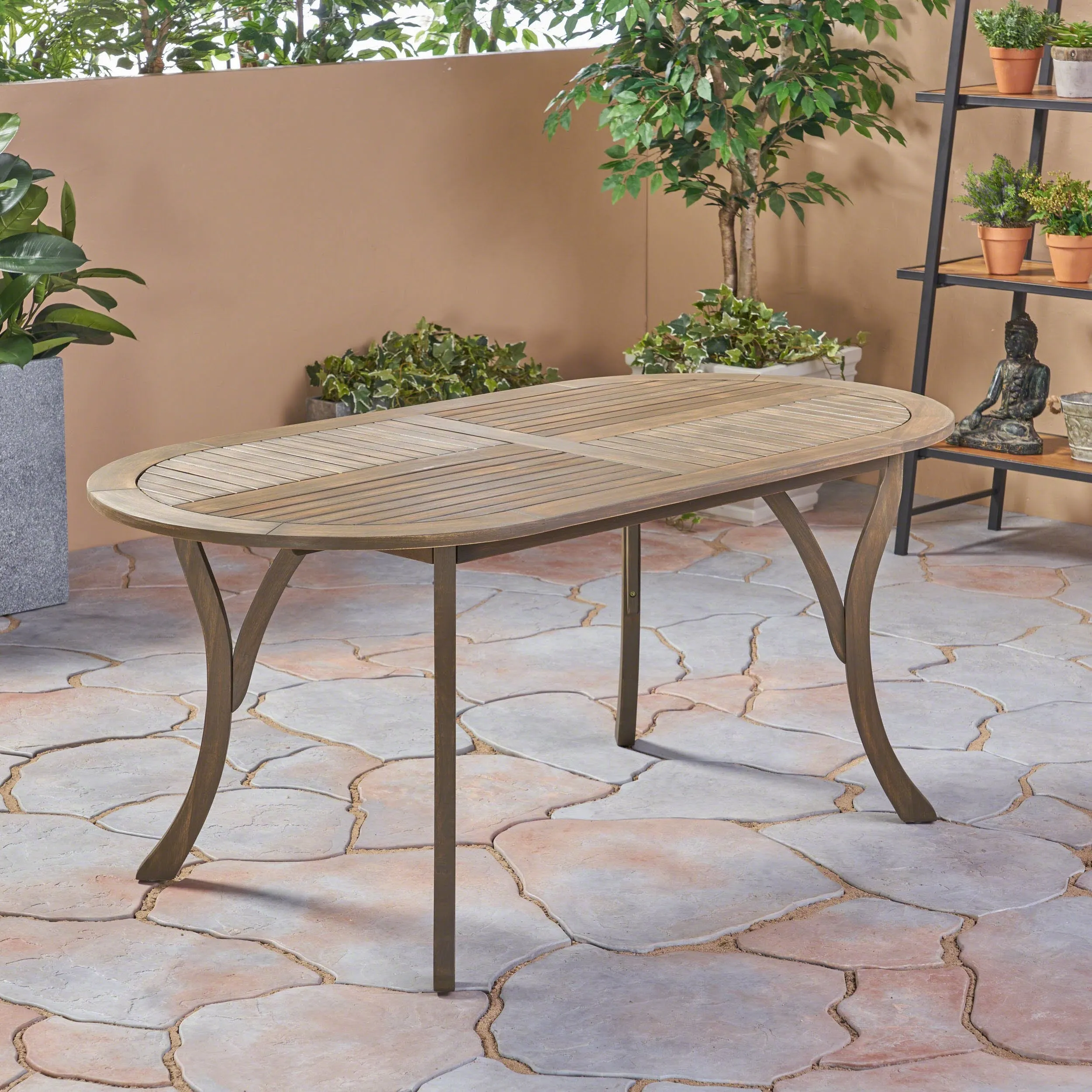 Outdoor 7 Piece Wood and Wicker Dining Set, Gray Finish and Gray - NH172503