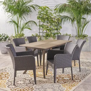 Outdoor 7 Piece Wood and Wicker Dining Set, Gray with Gray Chairs - NH010503 patio chairs, outdoor seating