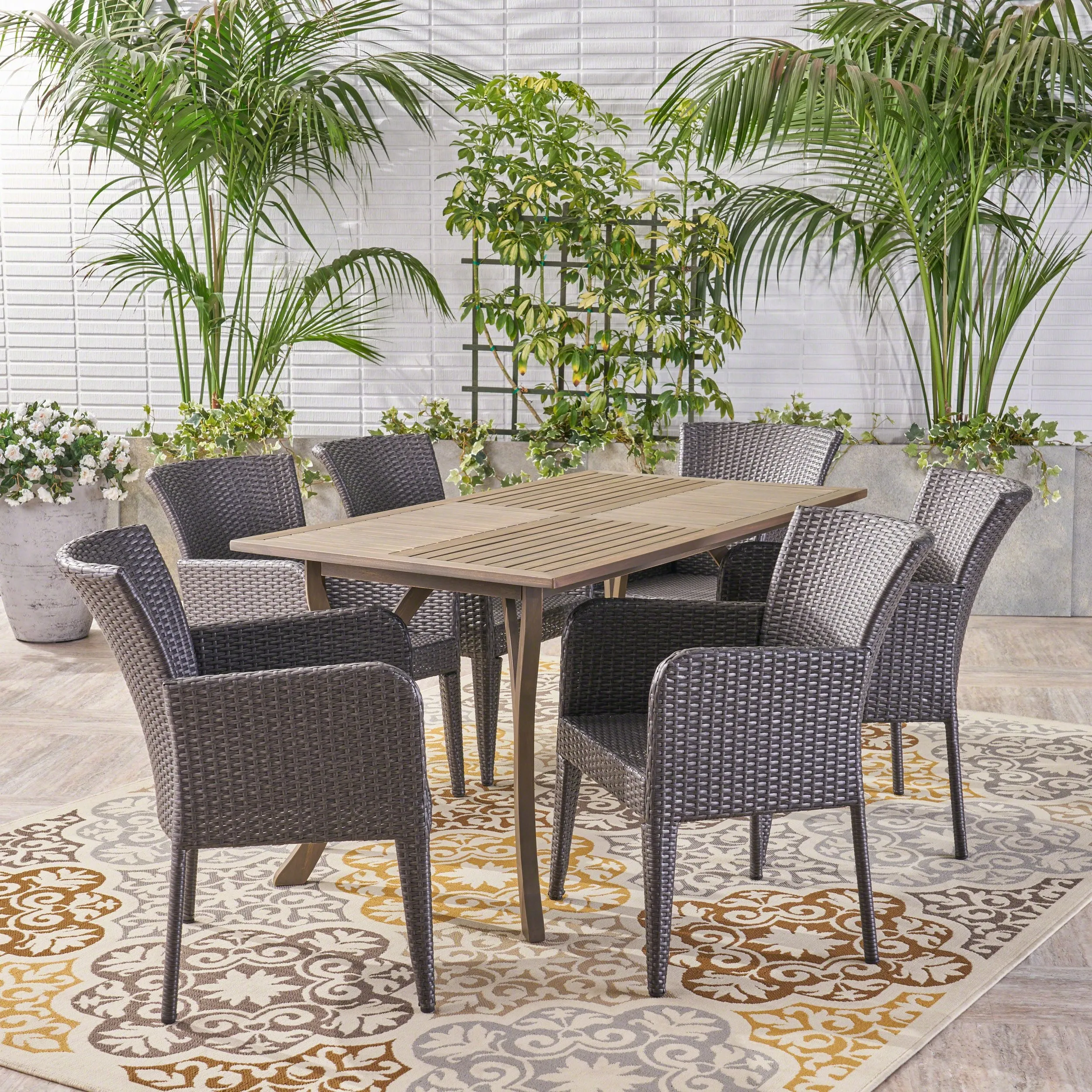 Outdoor 7 Piece Wood and Wicker Dining Set, Gray with Gray Chairs - NH010503 patio chairs, outdoor seating