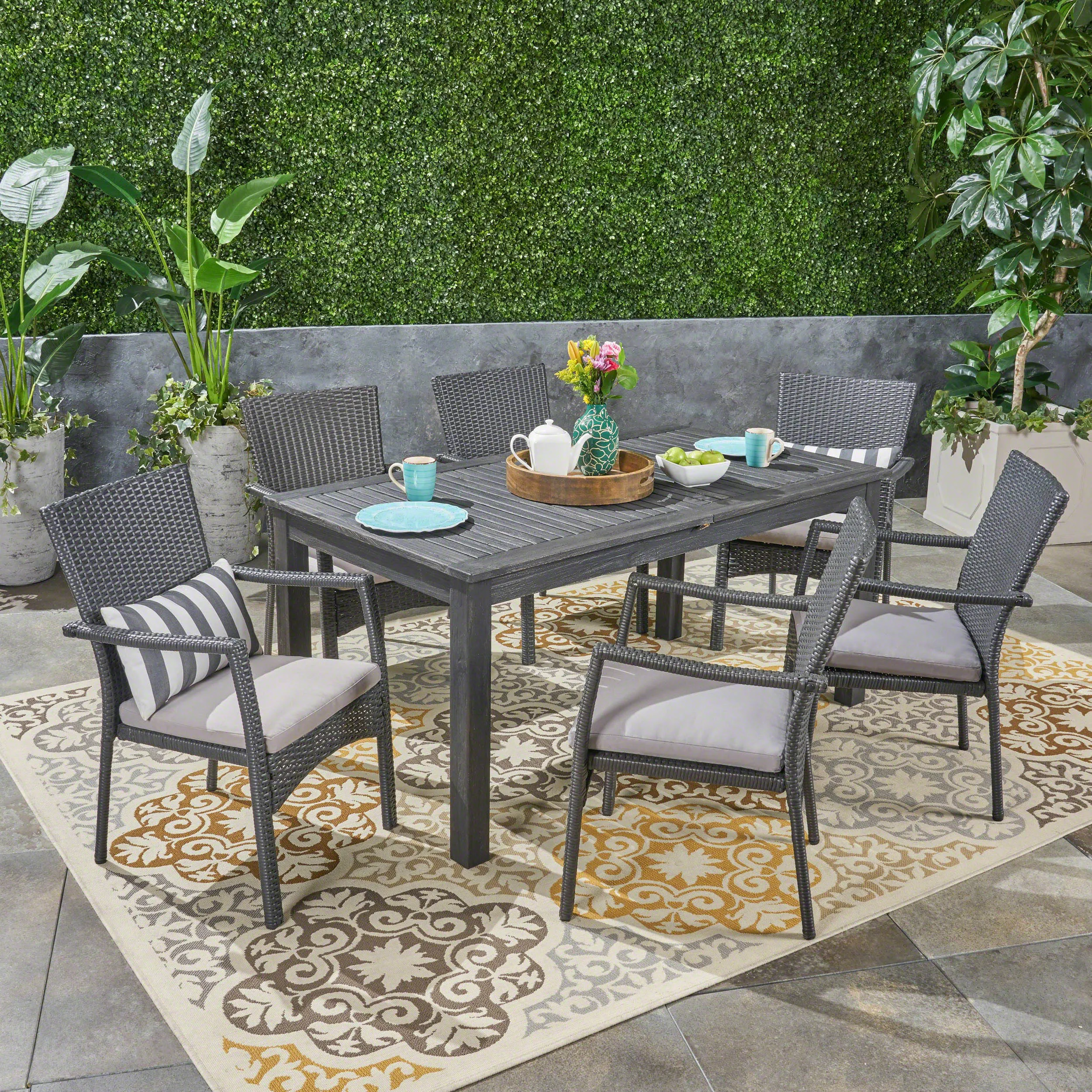 Outdoor 7 Piece Wood and Wicker Expandable Dining Set - NH954503 patio chairs, outdoor seating