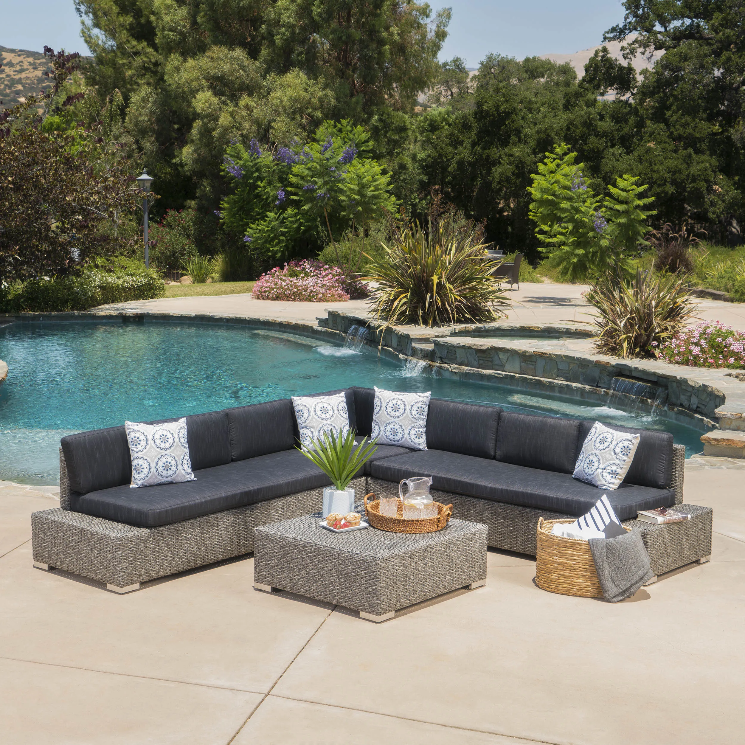 Outdoor 7 Seat Wicker V Shaped Sectional Sofa w/ Water Resistant Cushions - NH811103 serving bowl, serving dish