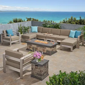 Outdoor 7 Seater Extended Aluminum Chat Set with Fire Pit - NH968903 serving bowl, serving dish