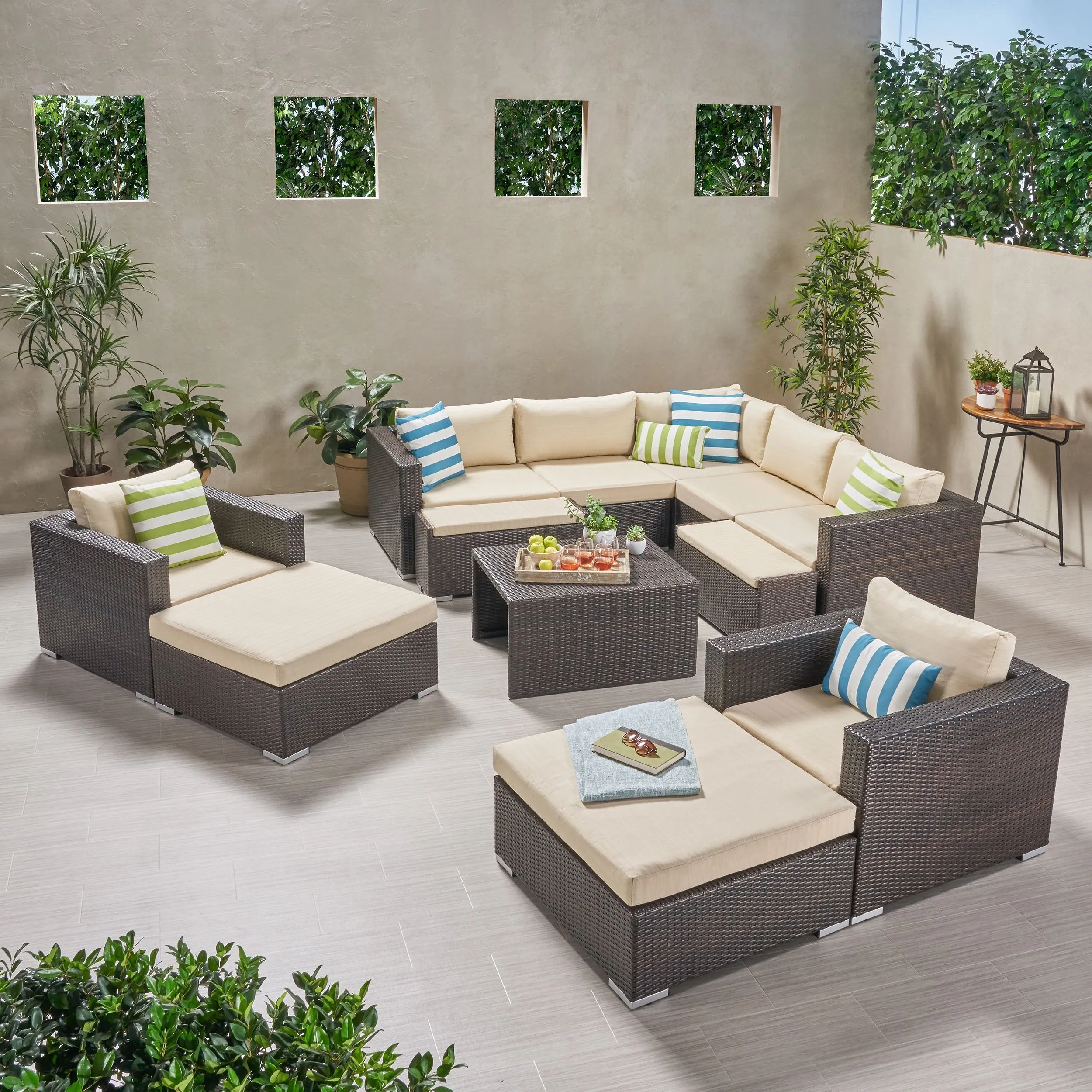 Outdoor 7 Seater V Shaped Wicker Sectional Sofa Chat Set with Ottomans - NH579903 serving bowl, serving dish