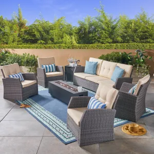 Outdoor 7 Seater Wicker Chat Set with an Iron Fire Pit, Gray and Dark Gray - NH781503 cushion cover, soft furnishing