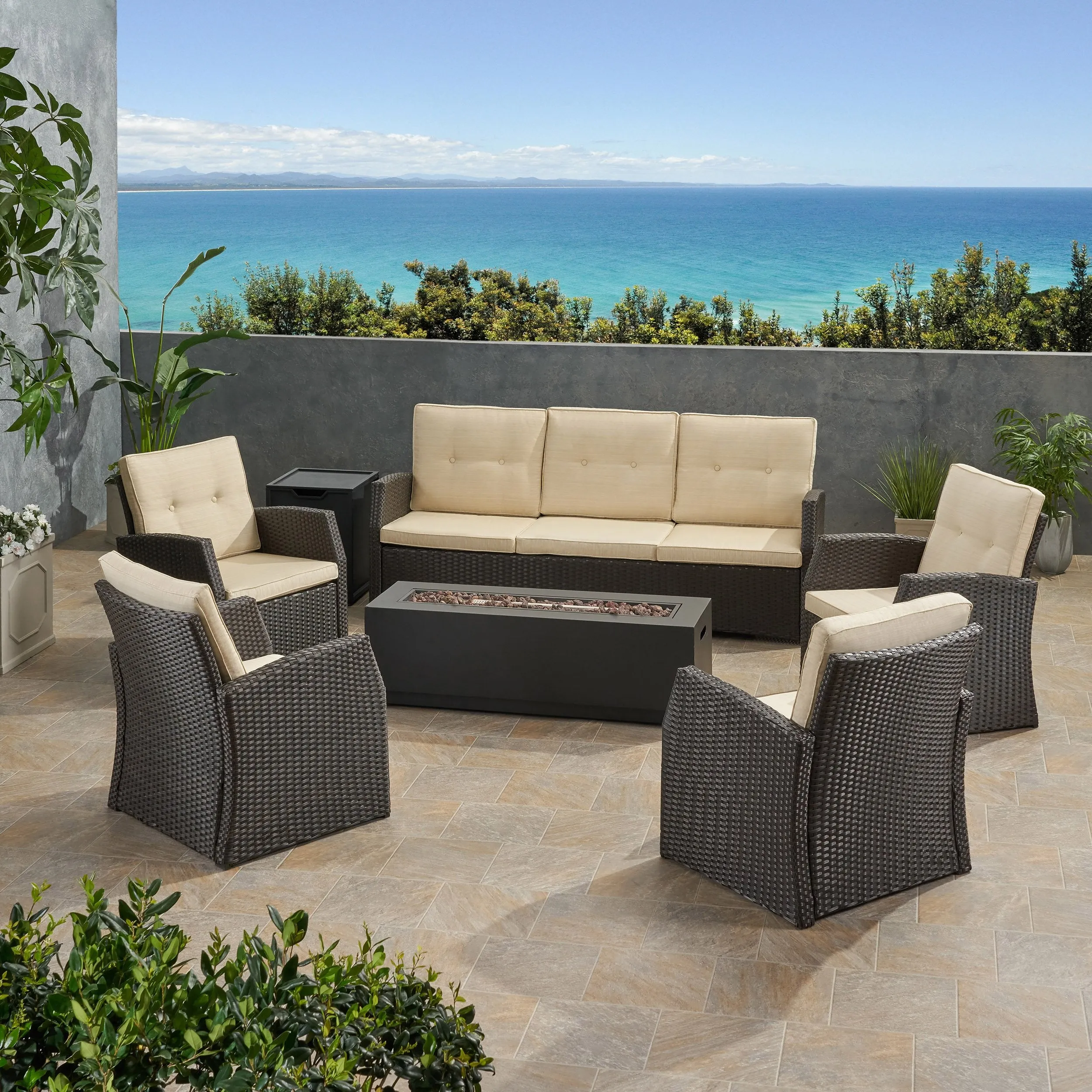 Outdoor 7 Seater Wicker Chat Set with An Iron Fire Pit - NH881503