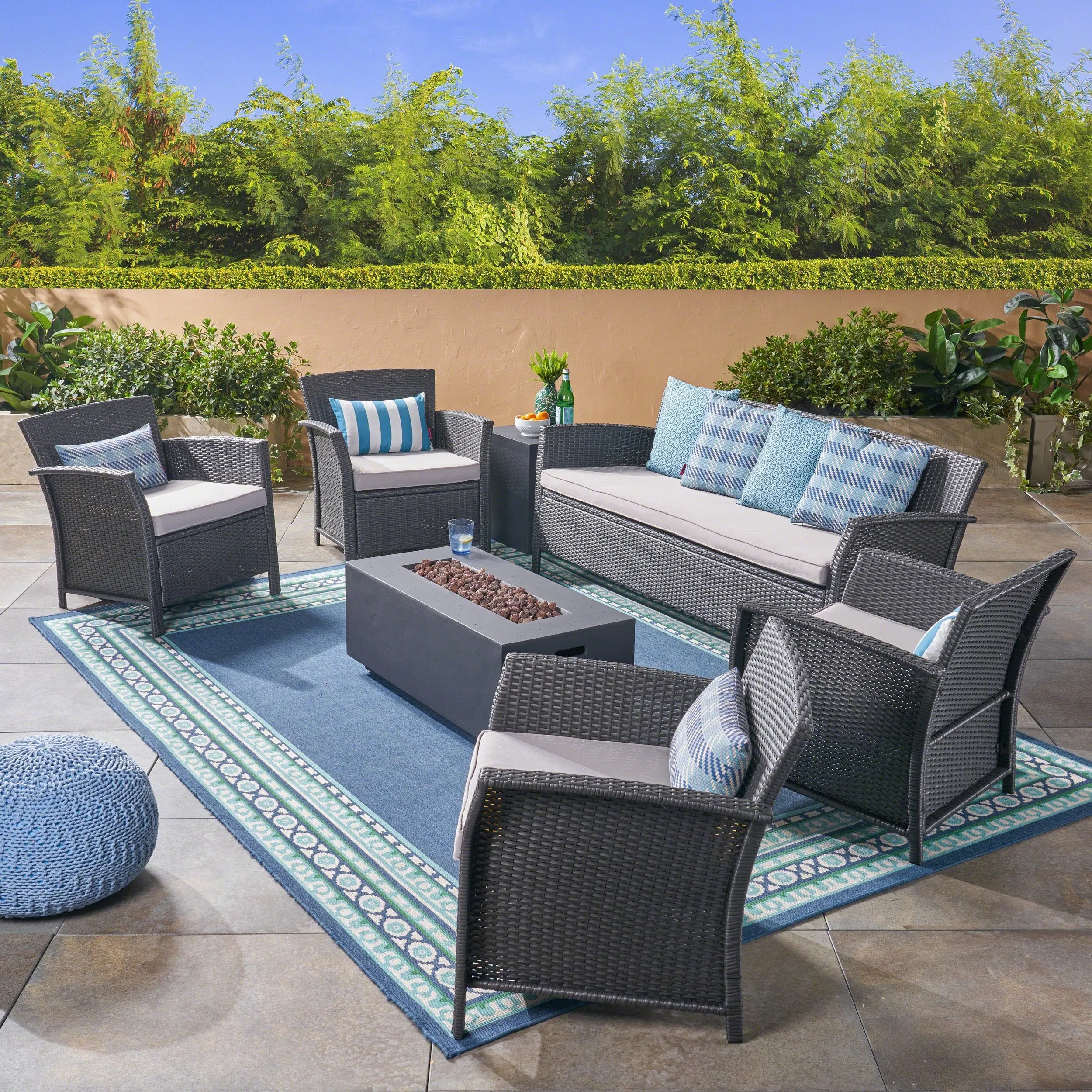 Outdoor 7 Seater Wicker Chat Set with Fire Pit, Gray and Dark Gray - NH503503 cushion cover, soft furnishing