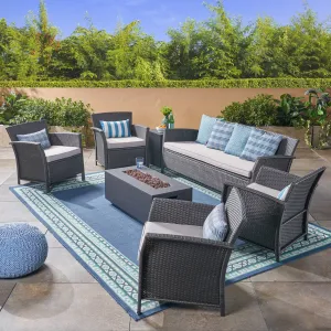 Outdoor 7 Seater Wicker Chat Set with Fire Pit, Gray and Dark Gray - NH503503 cushion cover, soft furnishing