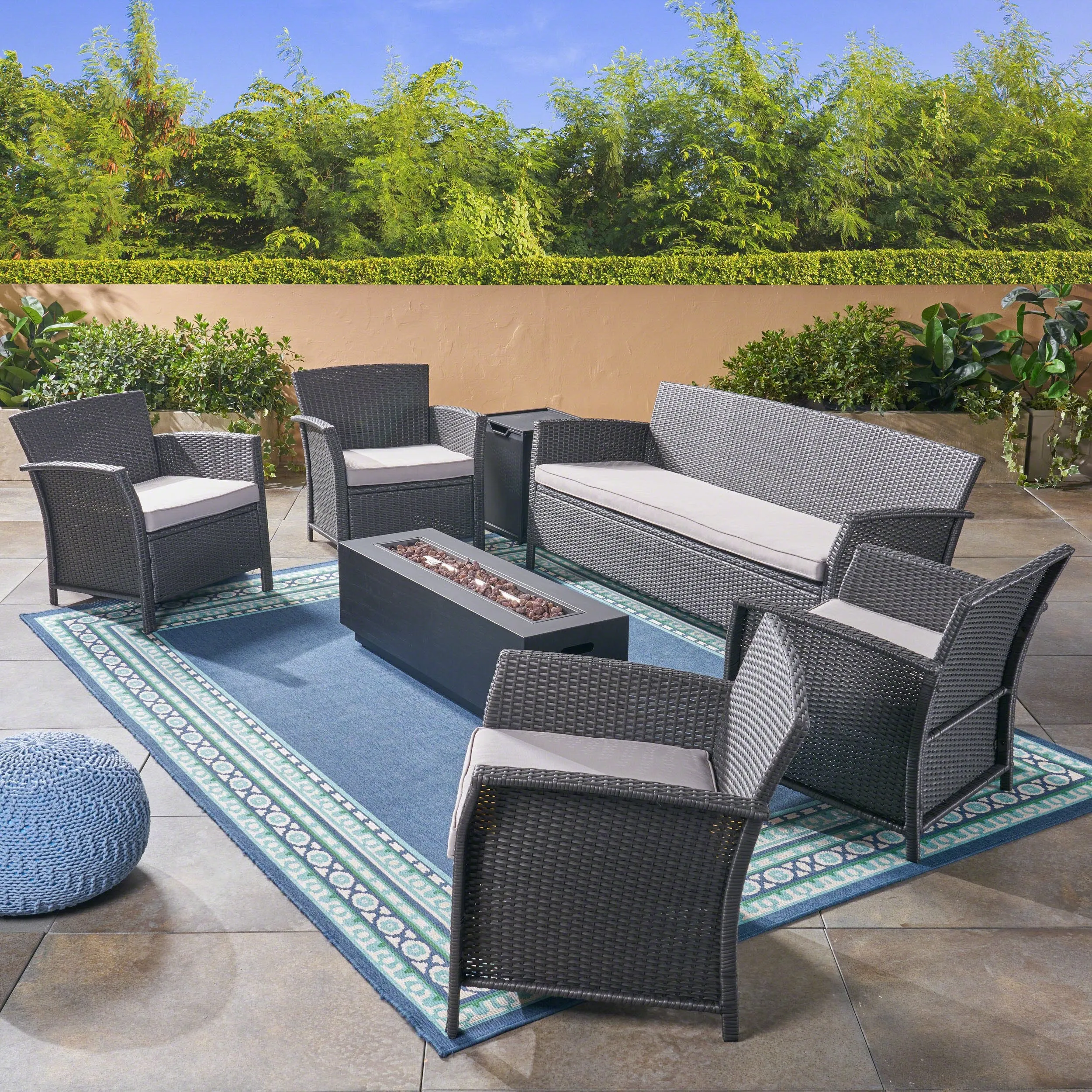 Outdoor 7 Seater Wicker Chat Set with Fire Pit, Gray and Silver and Dark Gray - NH924503 cushion cover, soft furnishing