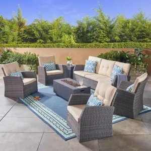 Outdoor 7 Seater Wicker Chat Set with Light Weight Concrete Fire Pit, Gray and Dark Gray - NH312503 cushion cover, soft furnishing