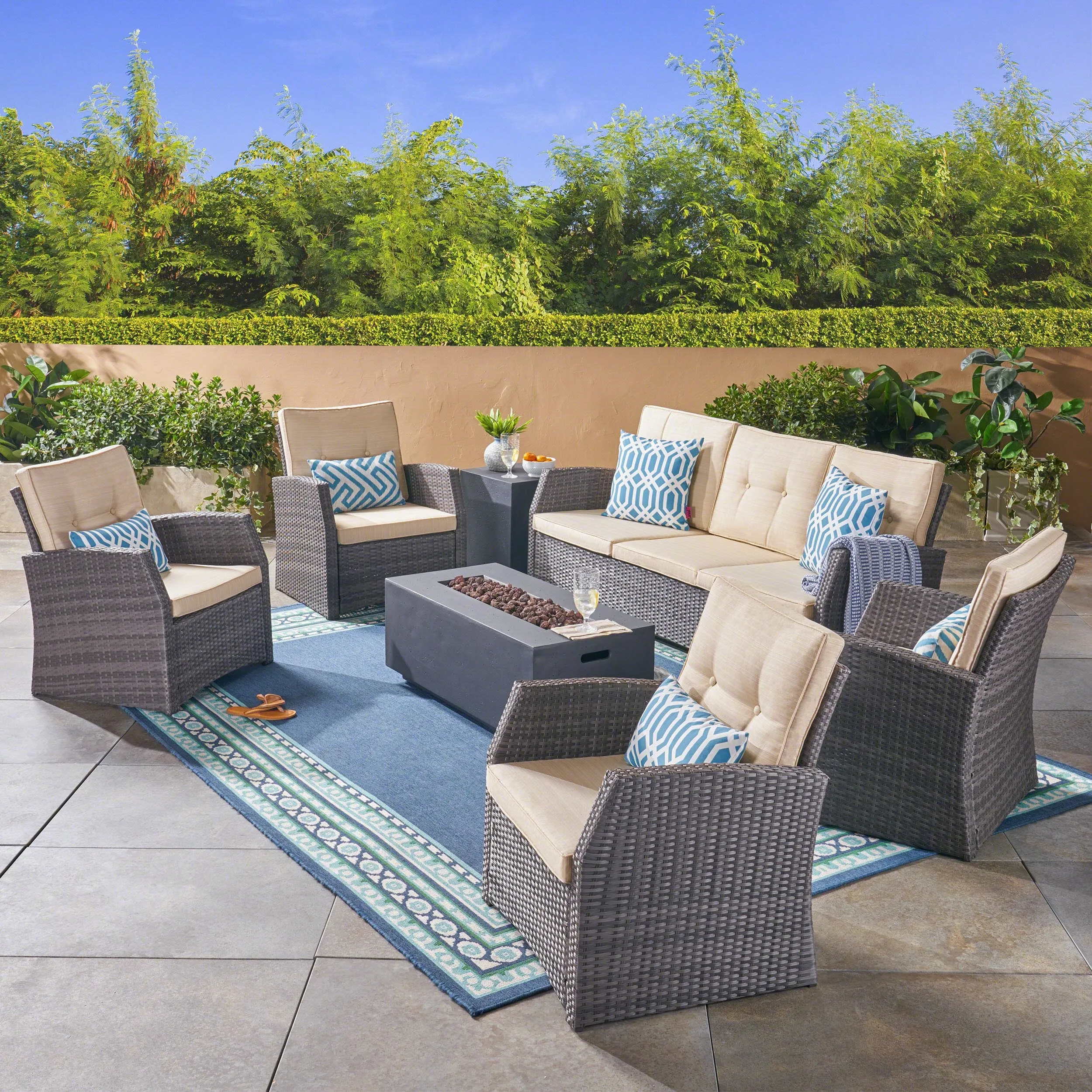 Outdoor 7 Seater Wicker Chat Set with Light Weight Concrete Fire Pit, Gray and Dark Gray - NH312503 cushion cover, soft furnishing