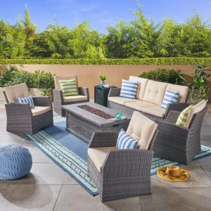 Outdoor 7 Seater Wicker Chat Set with Wood Finished Fire Pit, Gray and Gray - NH581503 cushion cover, soft furnishing