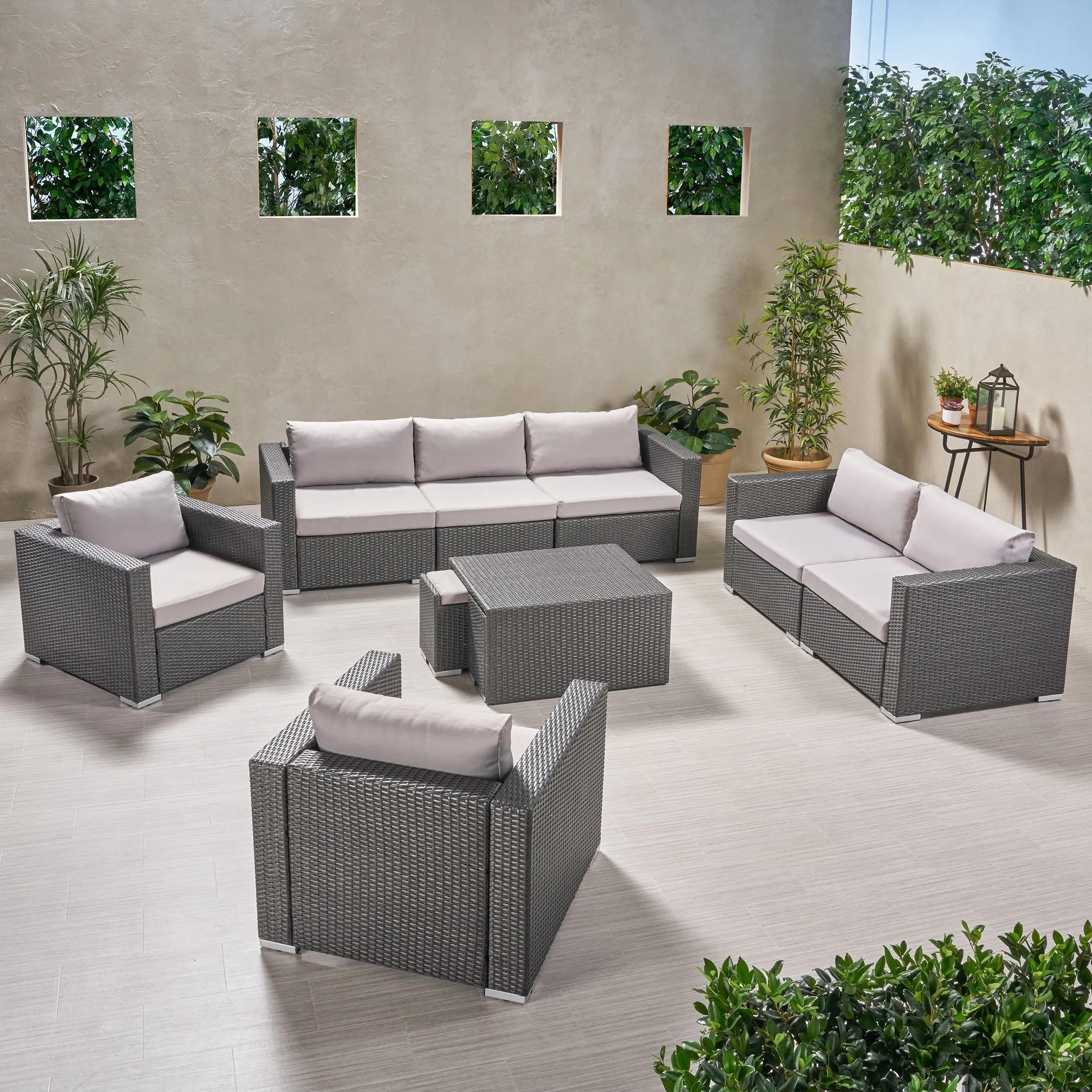 Outdoor 7 Seater Wicker Extended Sofa Chat Set with Ottomans - NH979903