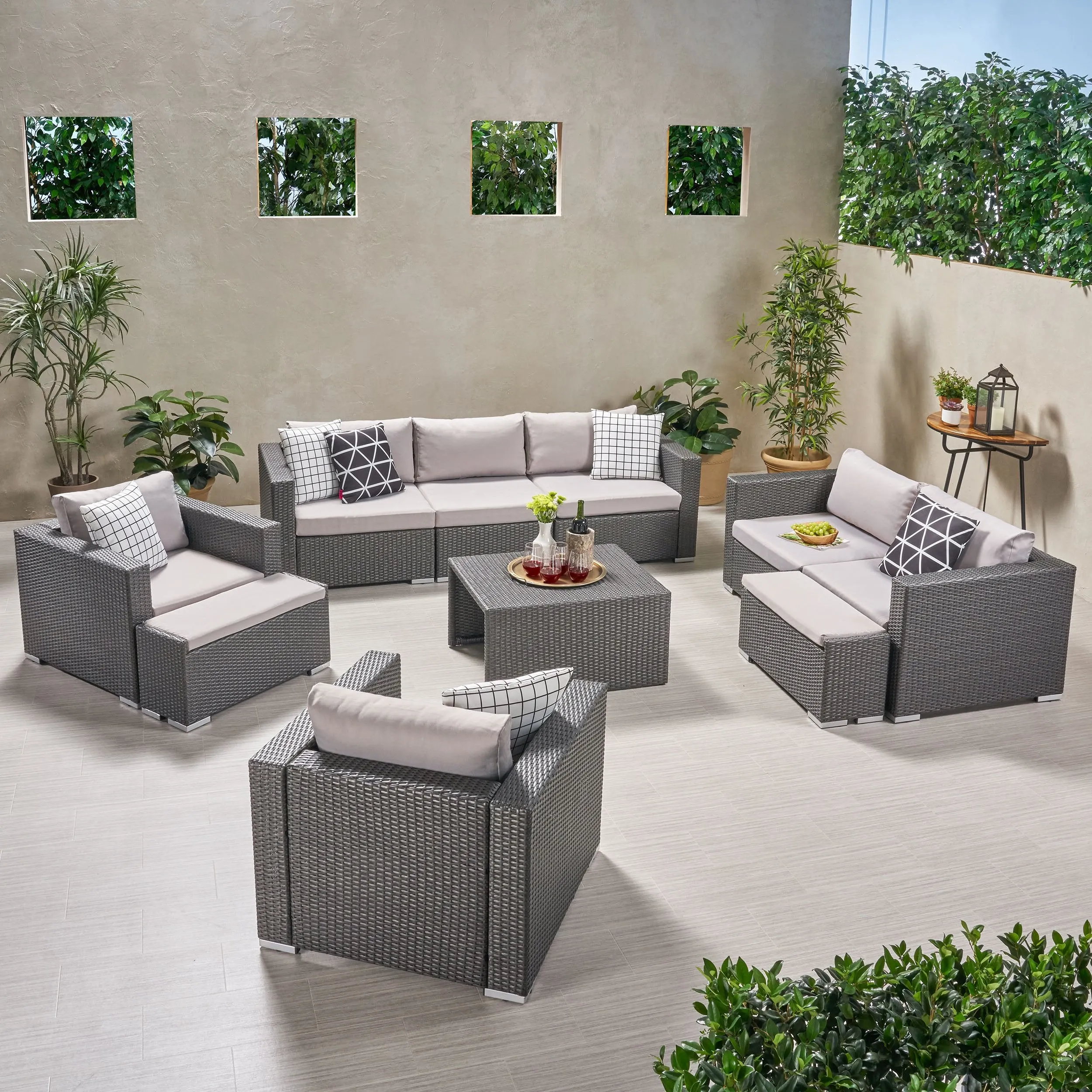 Outdoor 7 Seater Wicker Extended Sofa Chat Set with Ottomans - NH979903