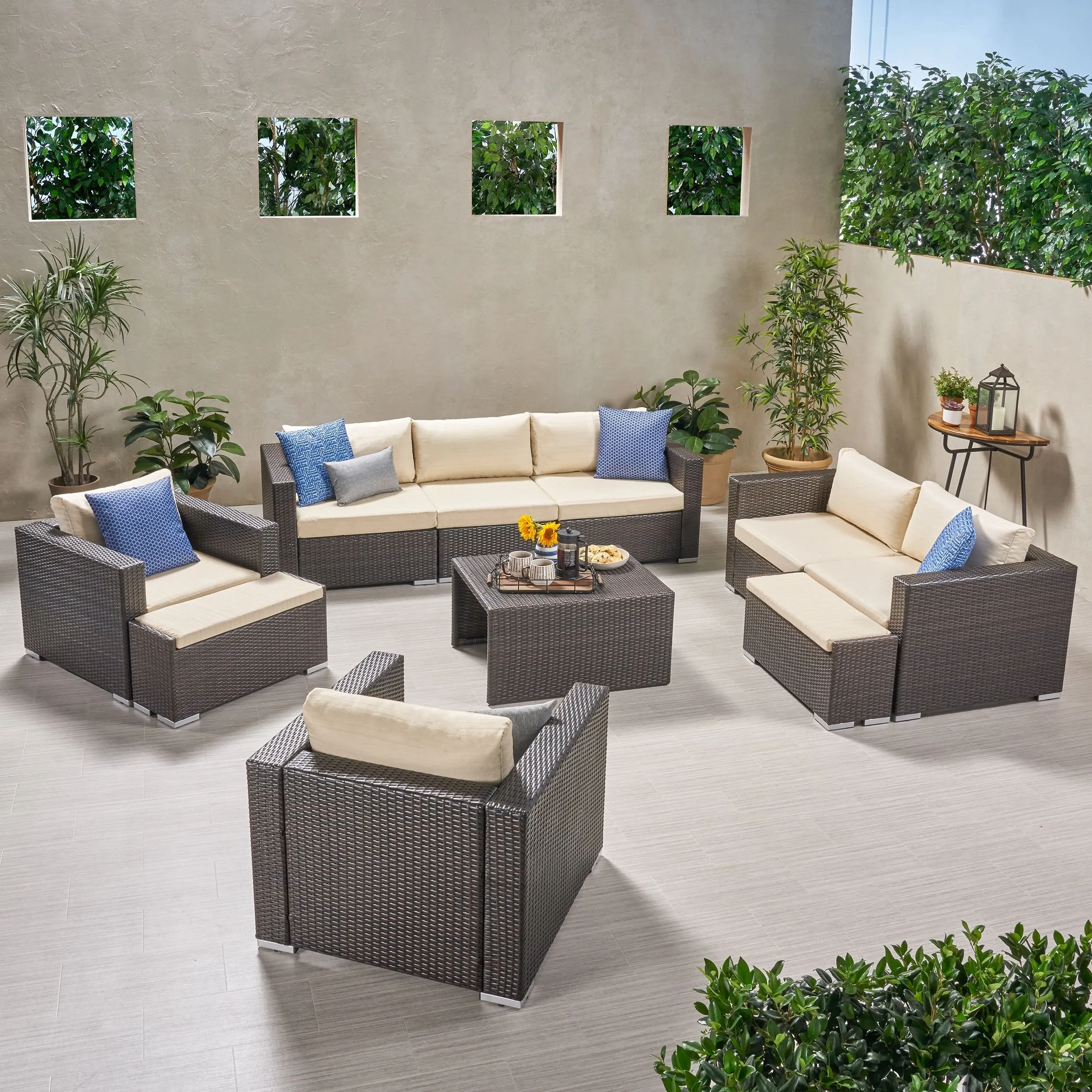 Outdoor 7 Seater Wicker Extended Sofa Chat Set with Ottomans - NH979903 cushion cover, soft furnishing