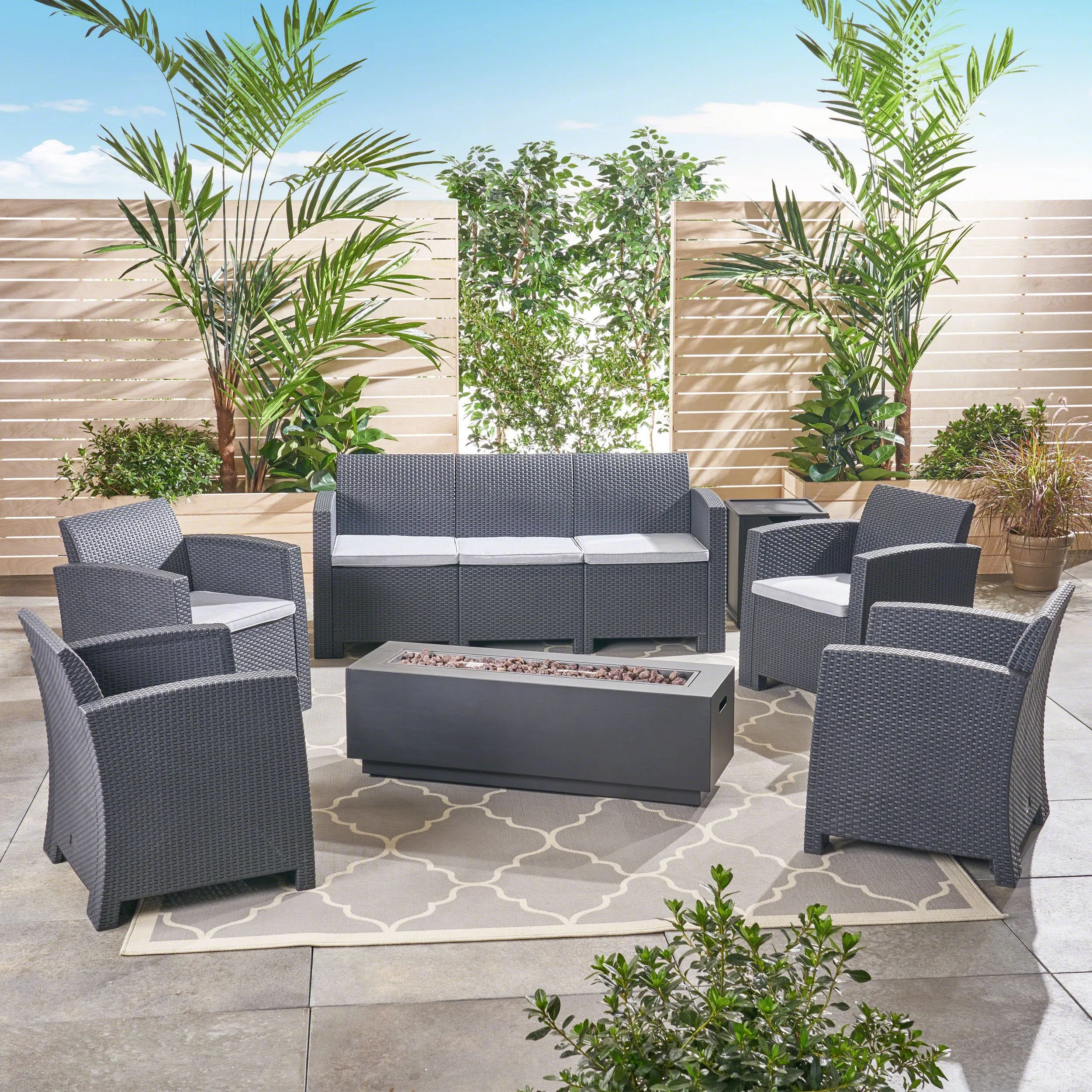 Outdoor 7-Seater Wicker Print Chat Set with Fire Pit and Tank Holder, Charcoal with Light Gray and Dark Gray - NH633603 cushion cover, soft furnishing