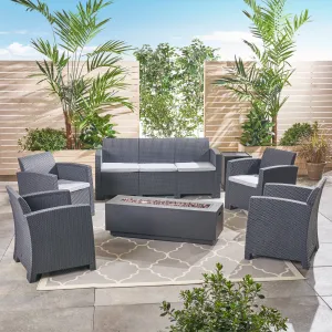Outdoor 7-Seater Wicker Print Chat Set with Fire Pit and Tank Holder, Charcoal with Light Gray and Dark Gray - NH633603 cushion cover, soft furnishing
