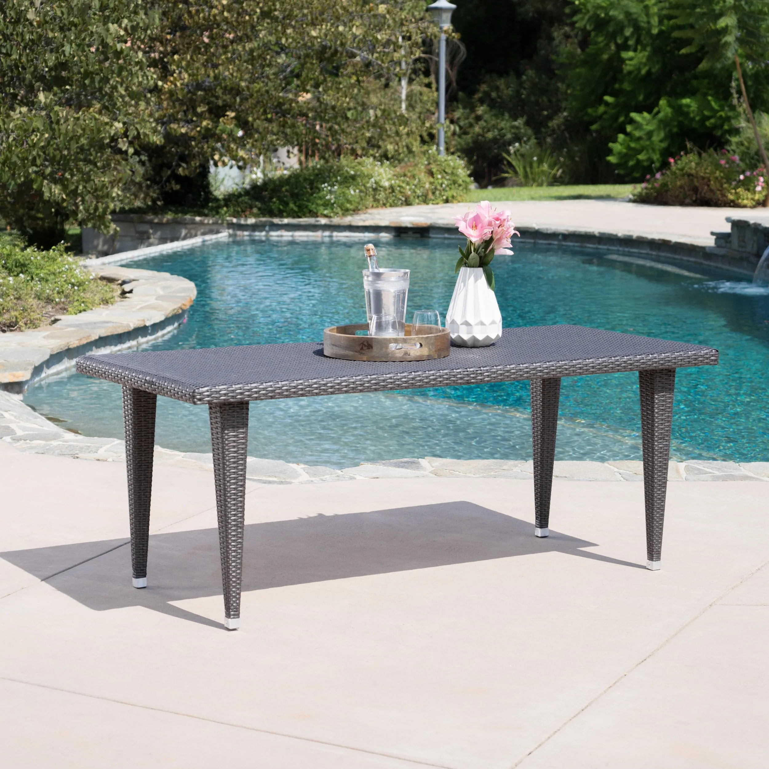 Outdoor 75-inch Gray Wicker Rectangular Dining Table - NH957103 patio chairs, outdoor seating