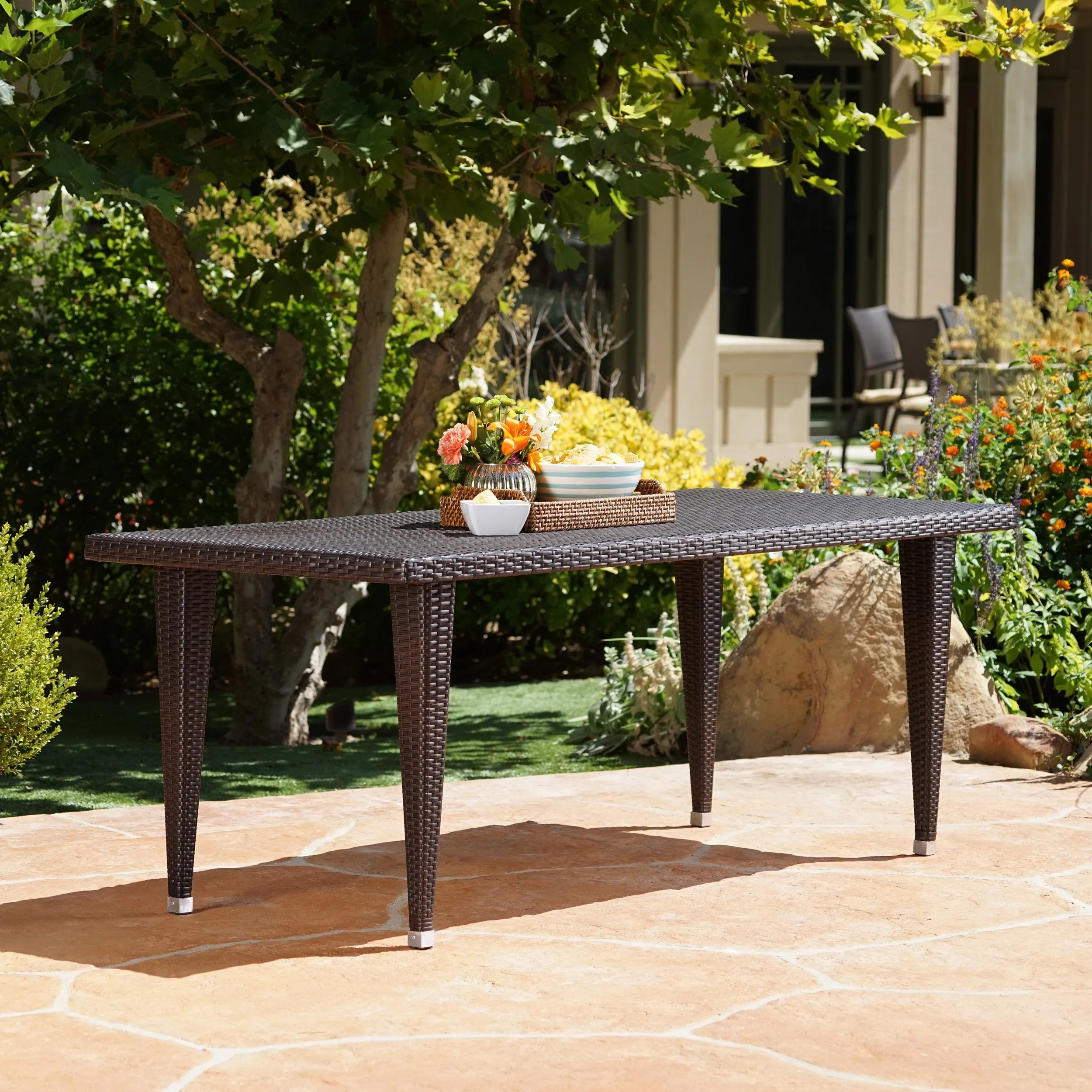 Outdoor 75-inch Multibrown Wicker Rectangular Dining Table - NH135103 patio chairs, outdoor seating