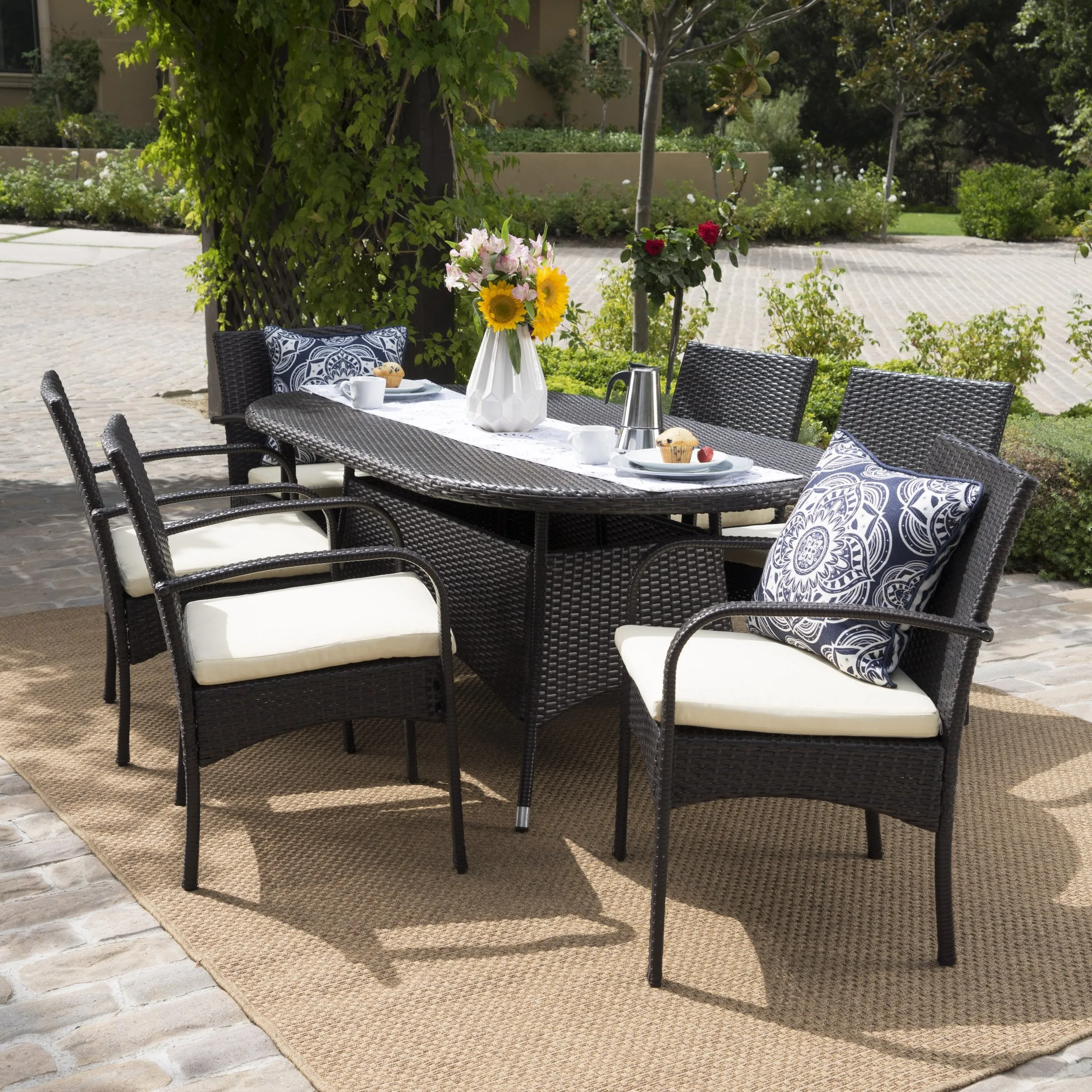Outdoor 7pc Multibrown PE Wicker Long Dining Set - NH758592 patio chairs, outdoor seating