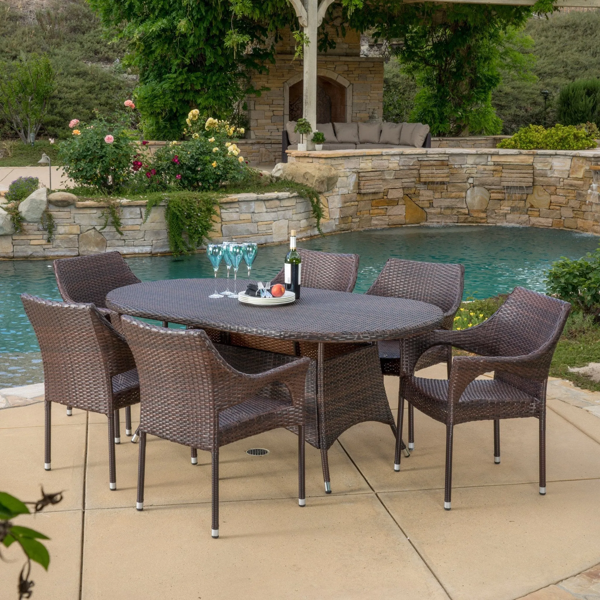 Outdoor 7pc Multibrown Wicker Round Dining Set - NH528592 patio chairs, outdoor seating