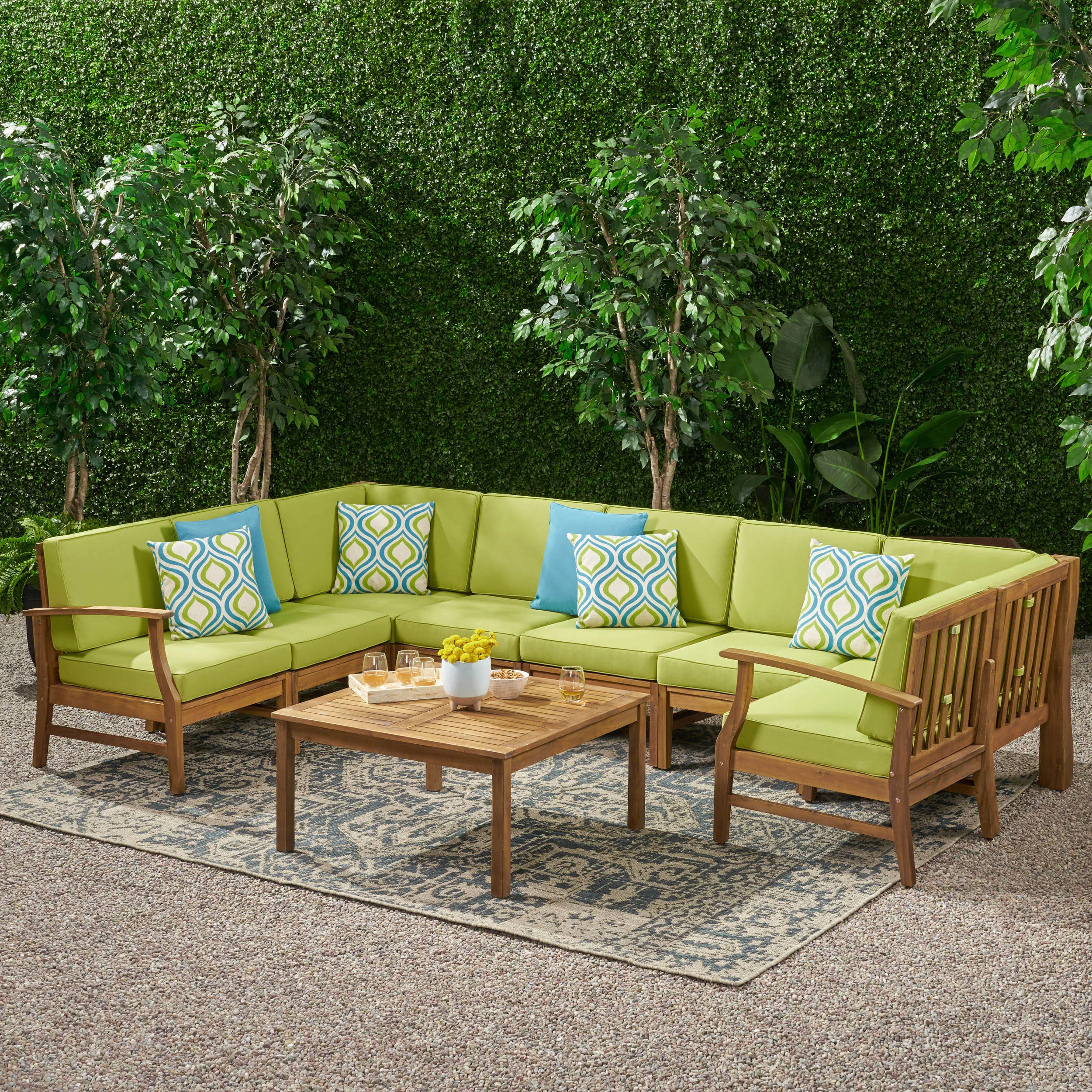 Outdoor 8 Seat Teak Finished Acacia Wood Sectional Sofa and Table Set - NH027303