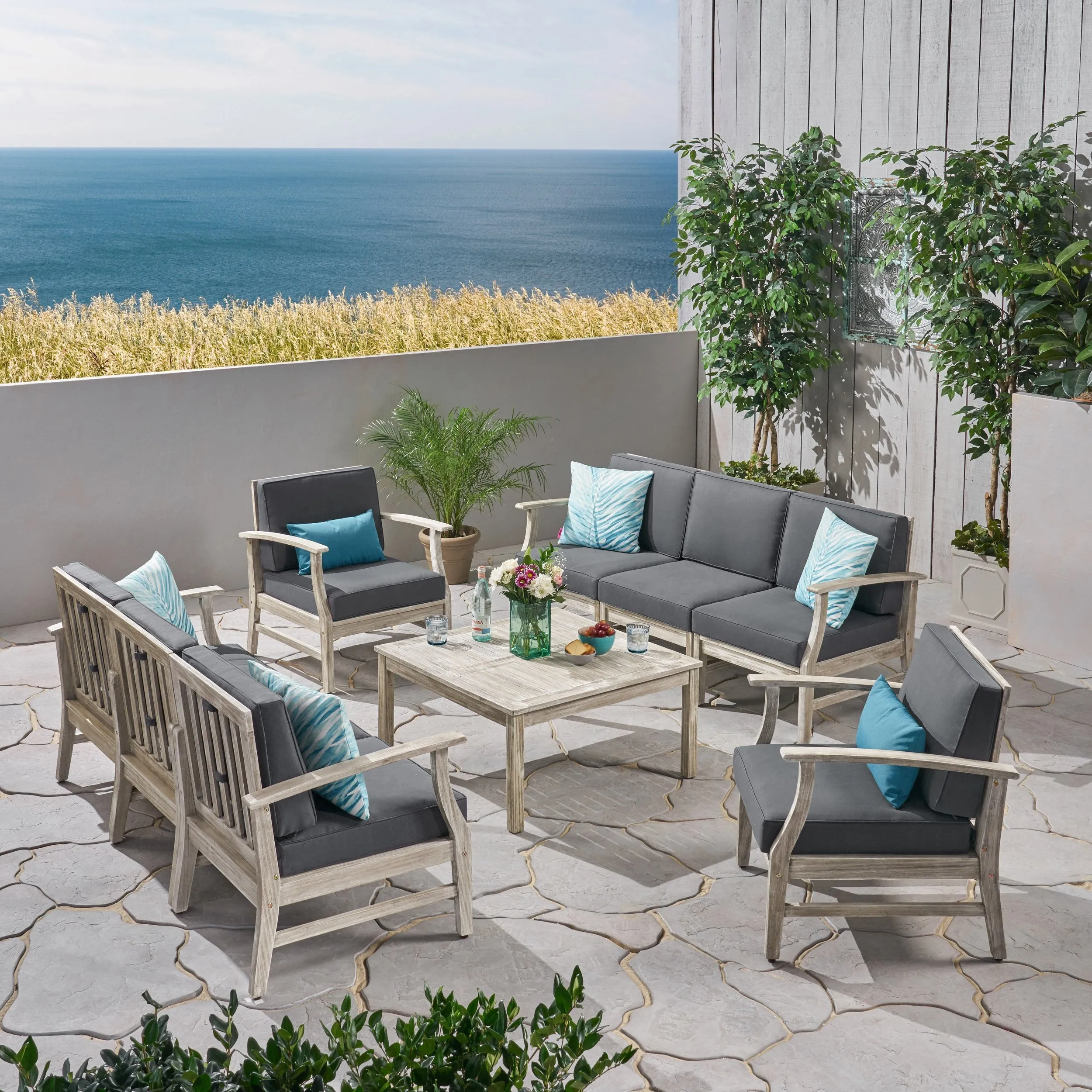 Outdoor 9 Piece Acacia Wood Sofa Conversational Set - NH033803