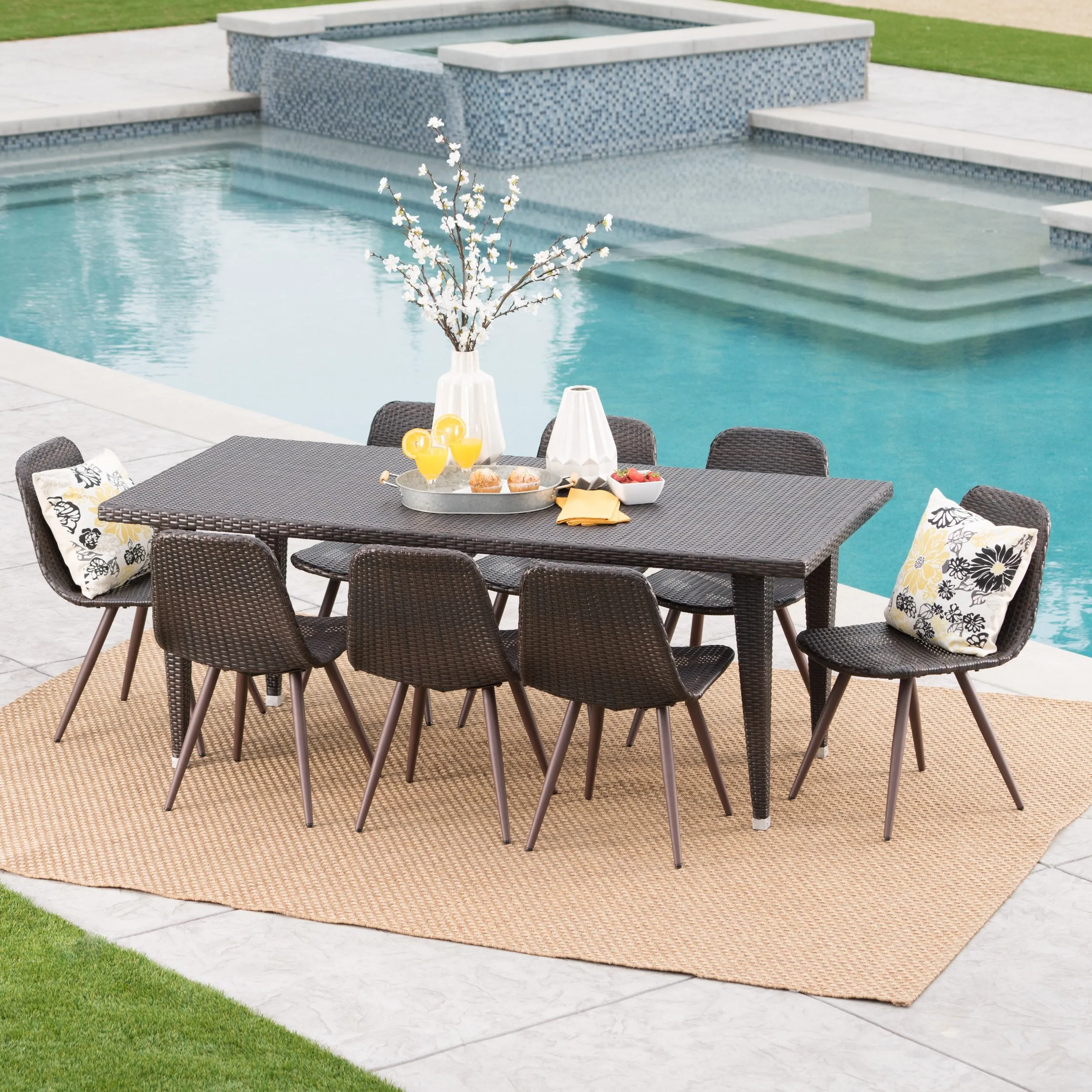 Outdoor 9 Piece Multi-brown Wicker 75 Inch Rectangular Dining Set - NH969103 patio chairs, outdoor seating